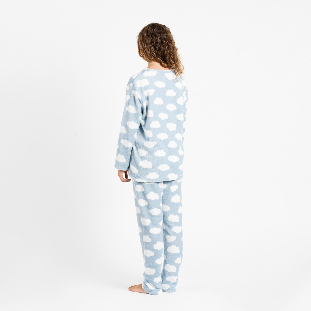 Pijama coral, nuvem azul clara