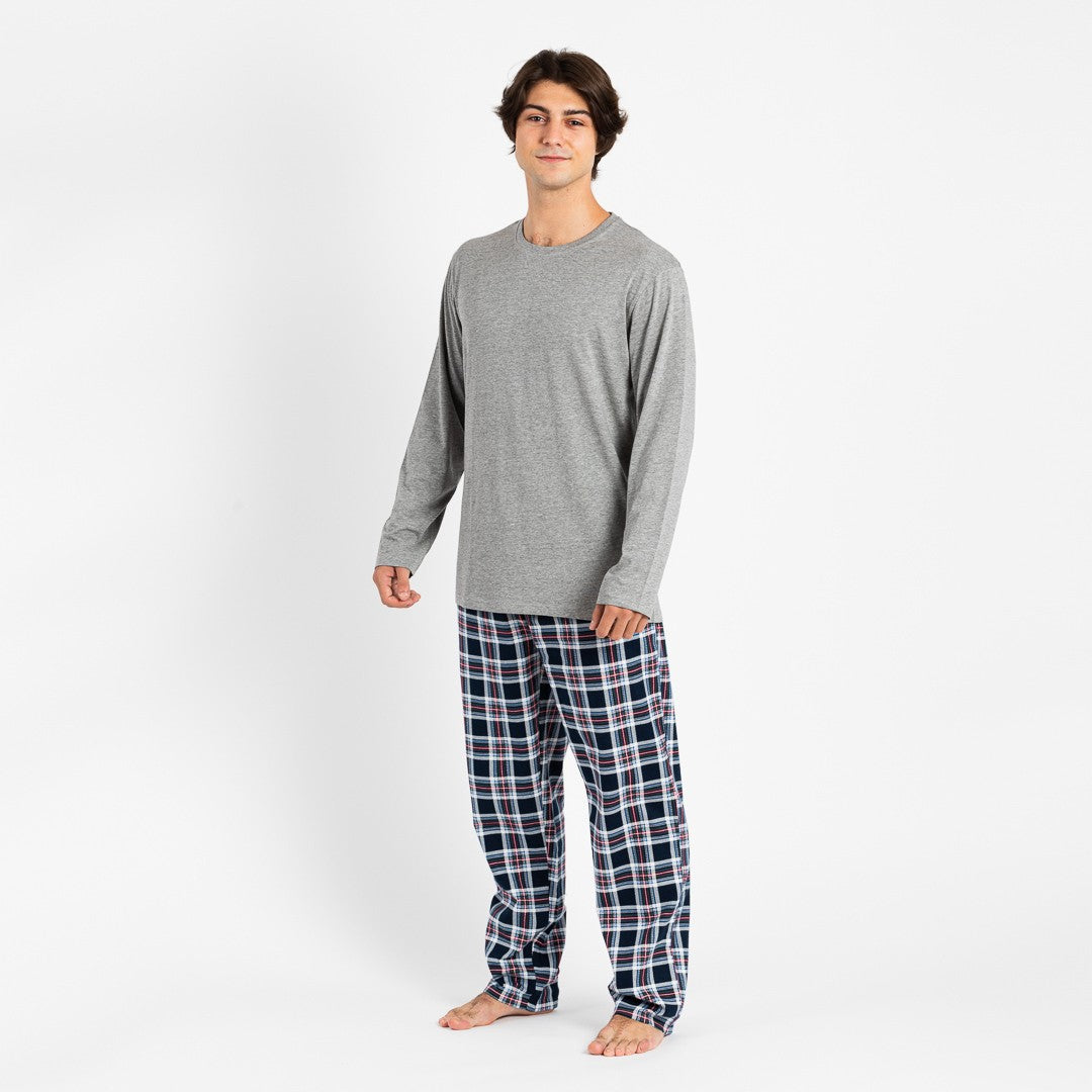 Pijama masculino de flanela, estampa xadrez Wells, cinza
