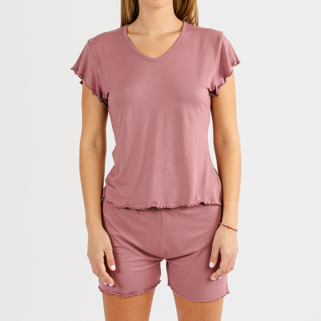 Pijama curto feminino em malha de seda cor malva