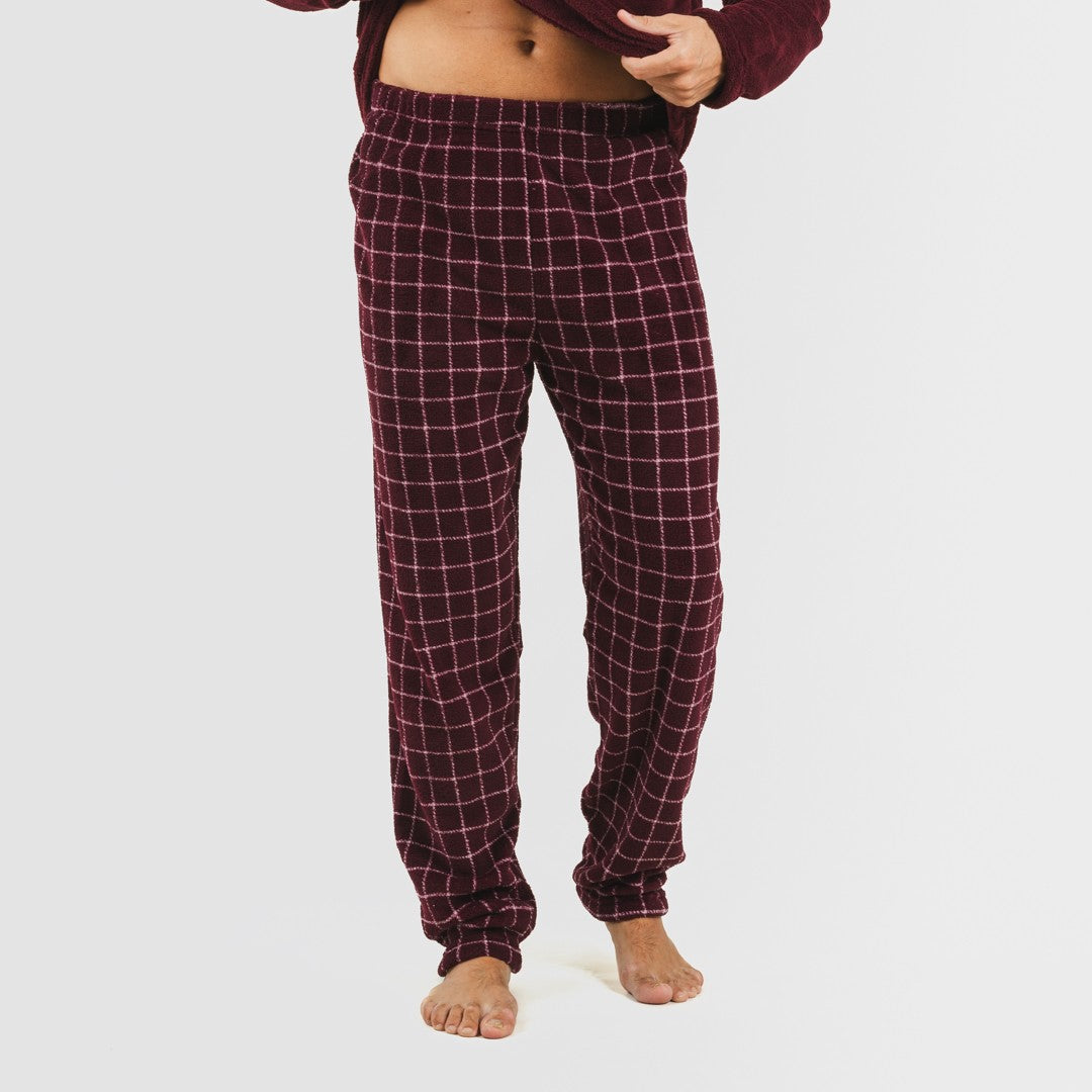 Pijama masculino de lã coral, xadrez bordô, Pruden