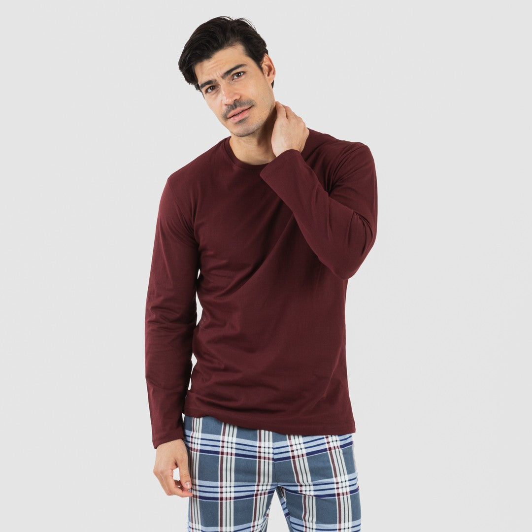 Pijama masculino de flanela, xadrez bordô Xavi