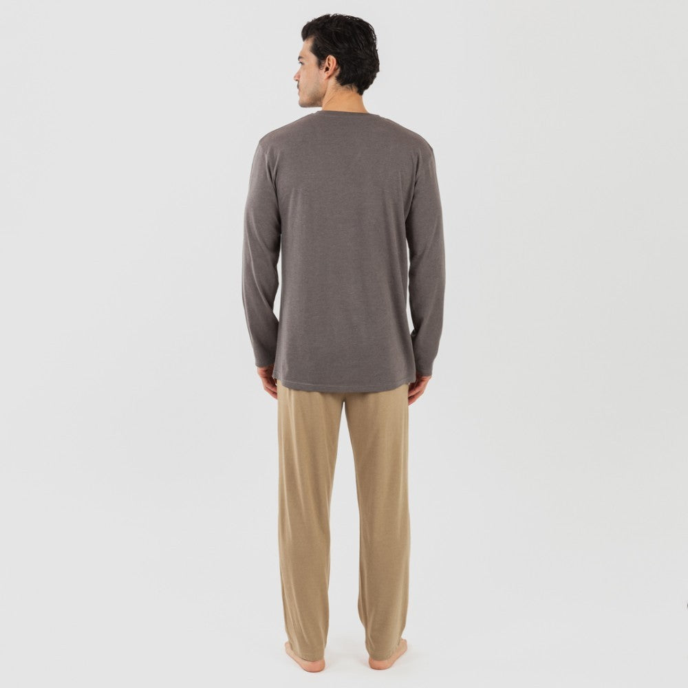 Pijama masculino comprido com botões, cor bege-areia