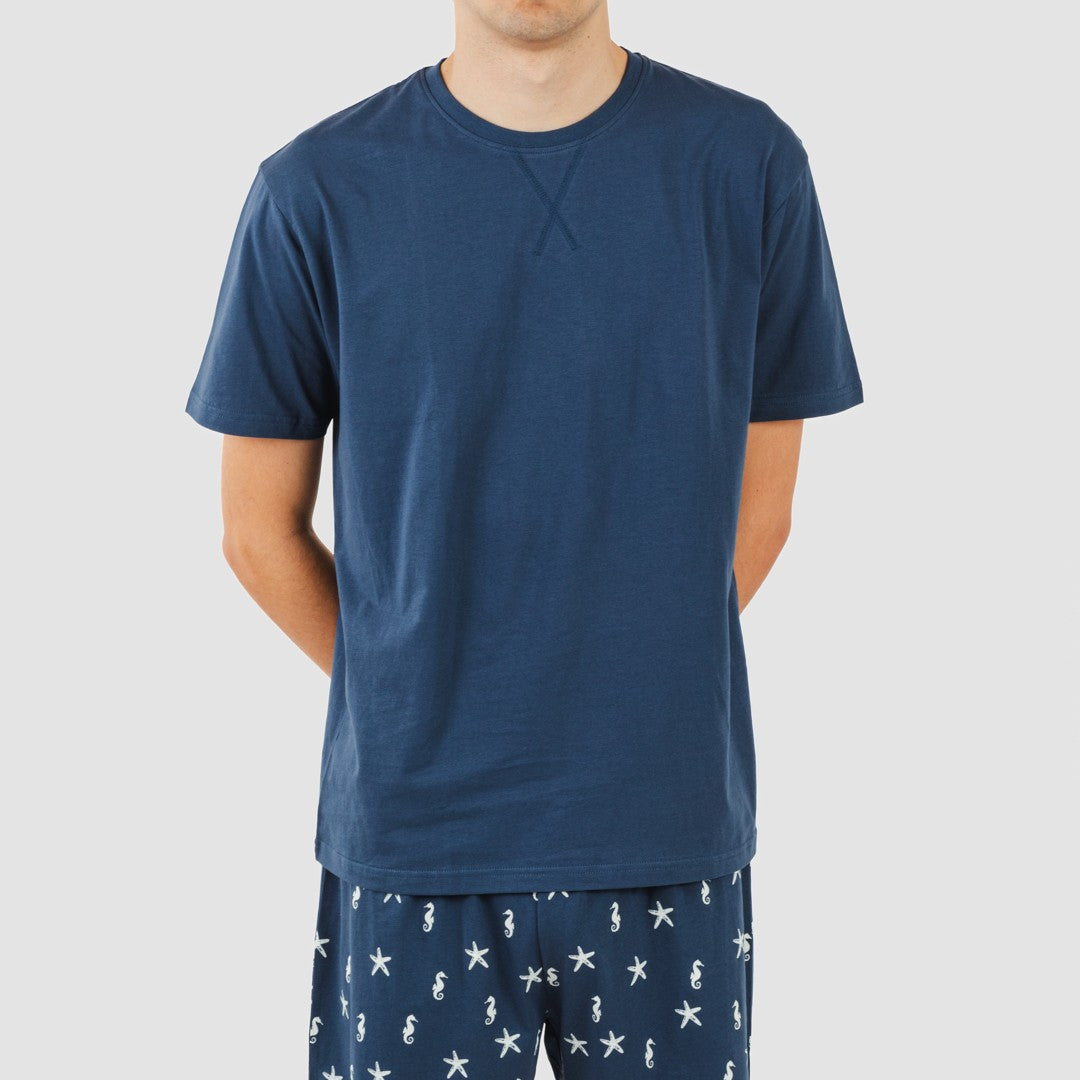 Pijama curto masculino Aaron, azul marinho, em algodão.