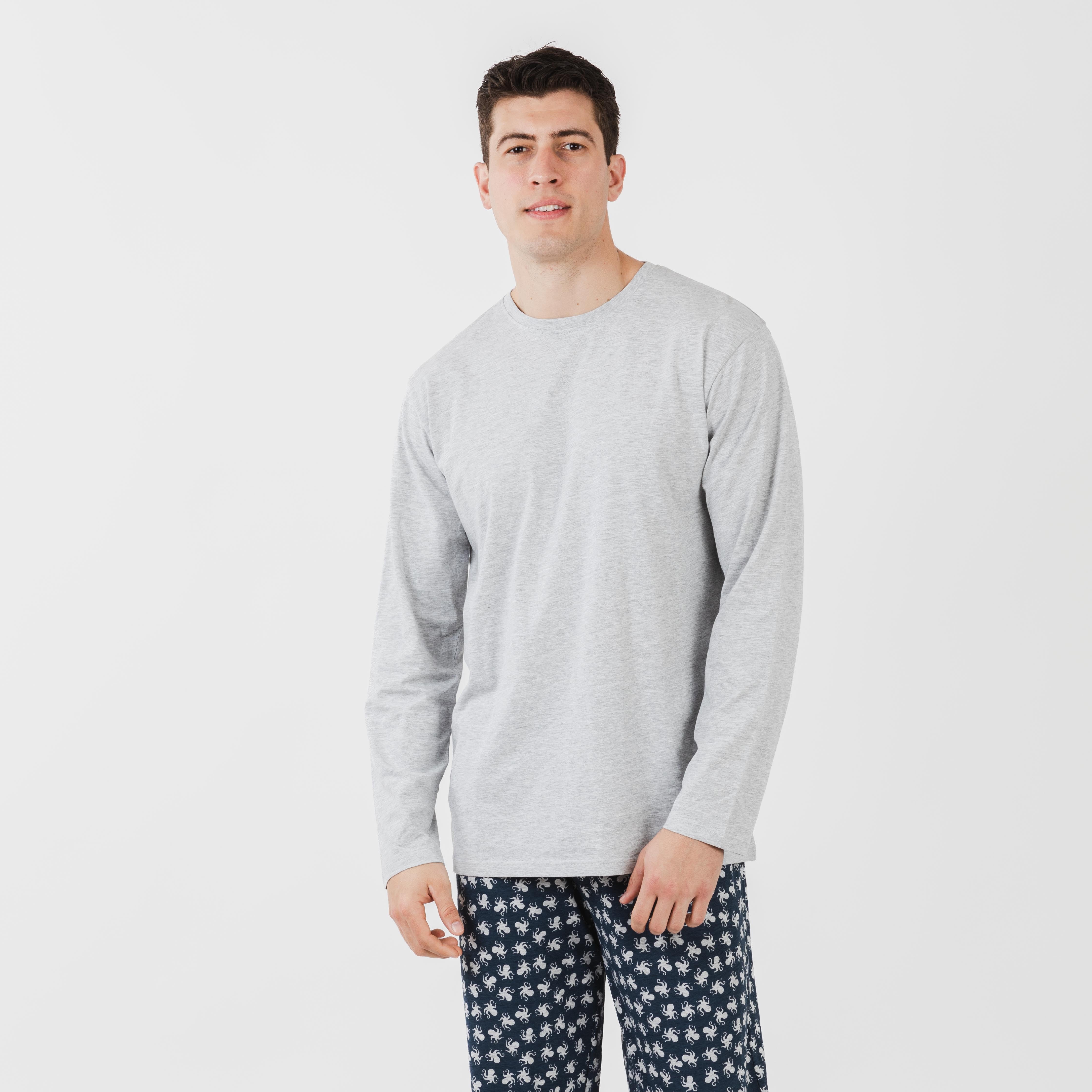 Pijama comprido masculino de algodão com estampa de polvo, cinza.