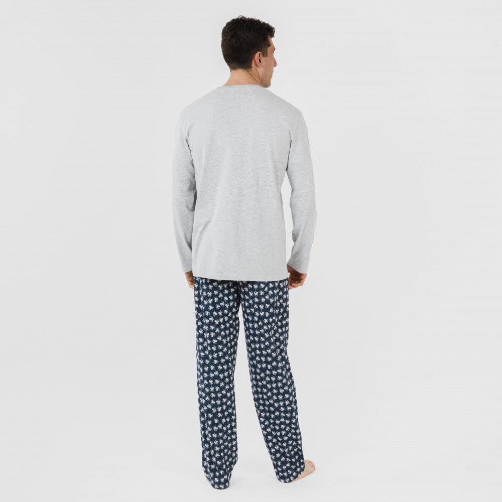 Pijama comprido masculino de algodão com estampa de polvo, cinza.