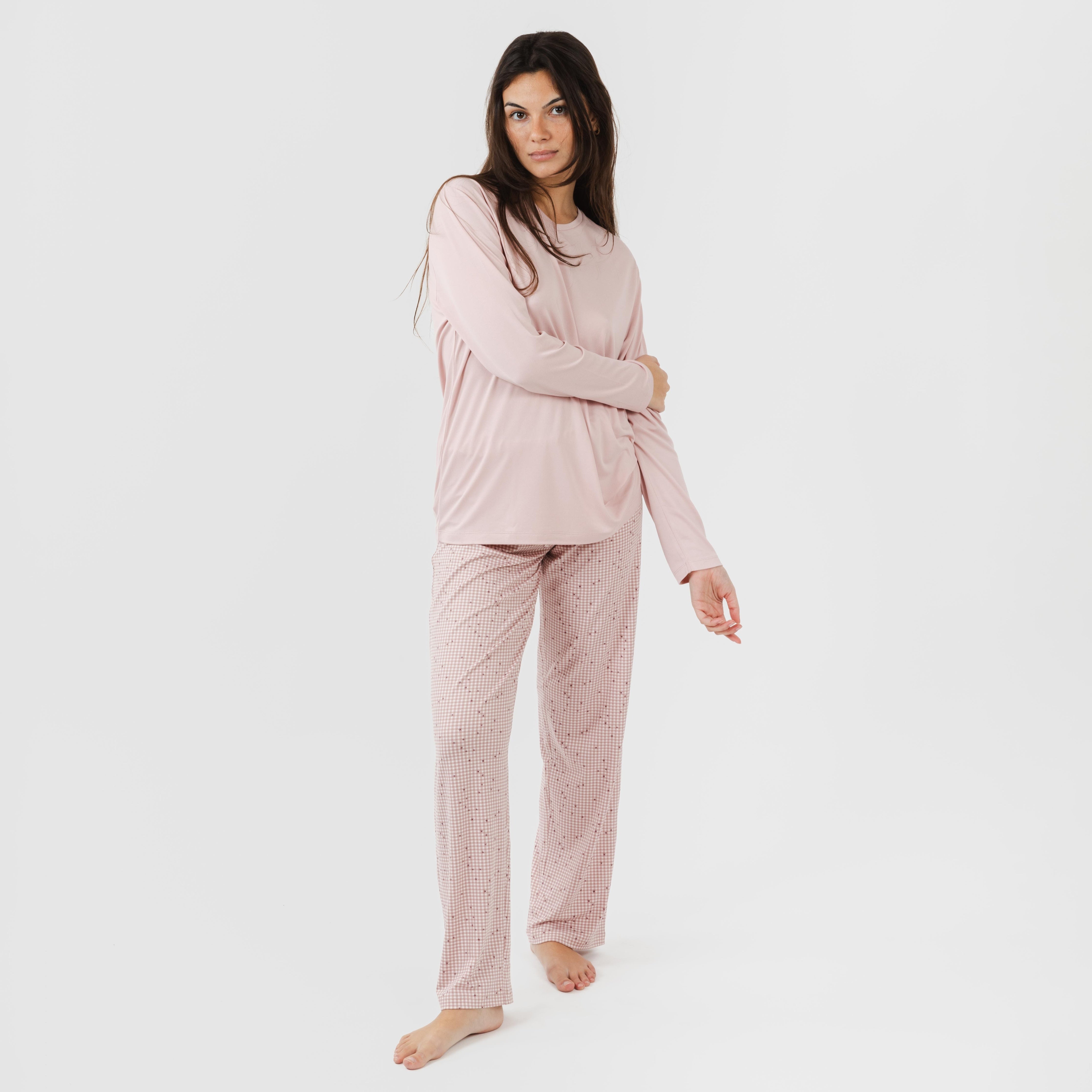Pijama comprido feminino macio, cor rosa claro Maya