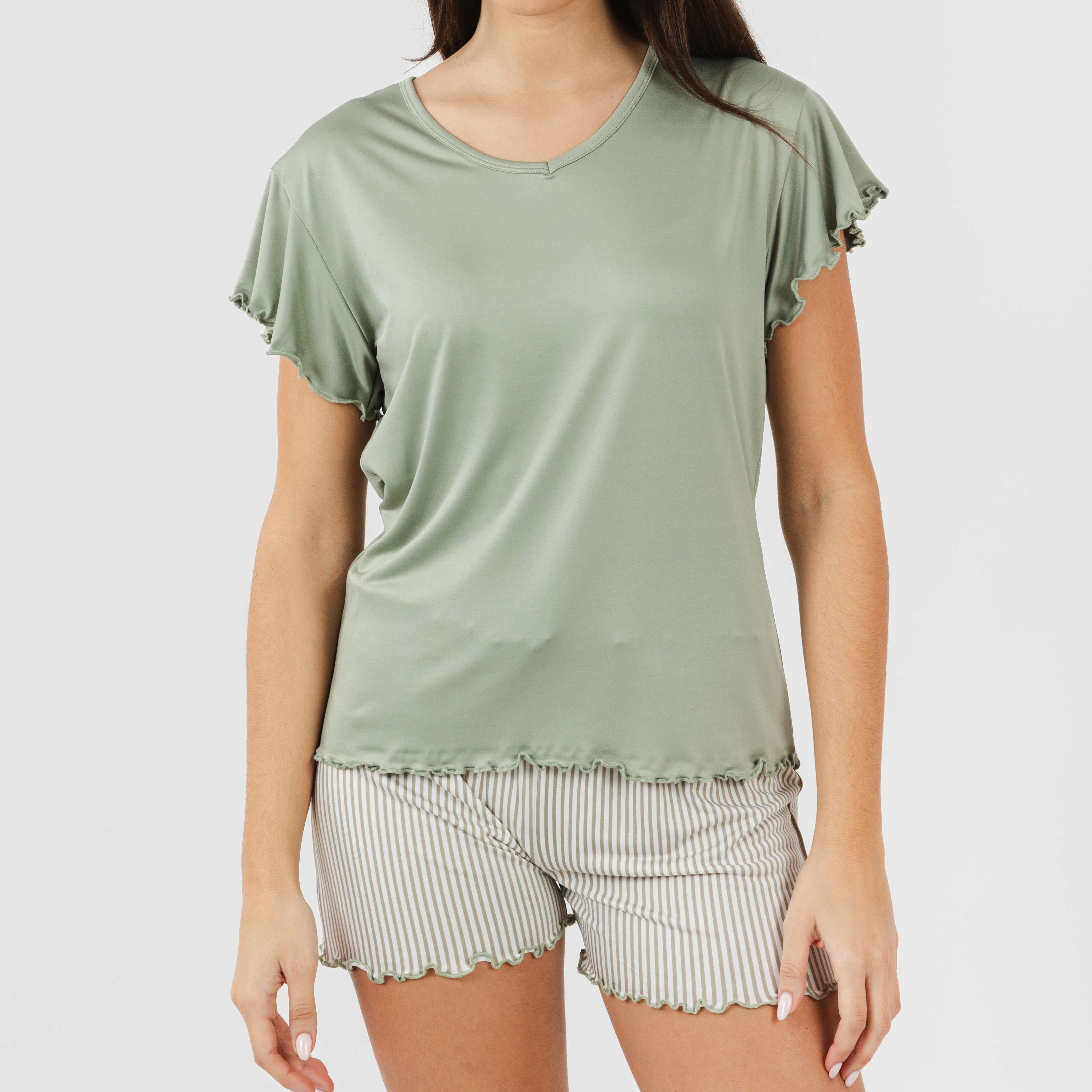 Pijama feminino de manga curta e tecido macio, estilo caça com listras verde-Lea.