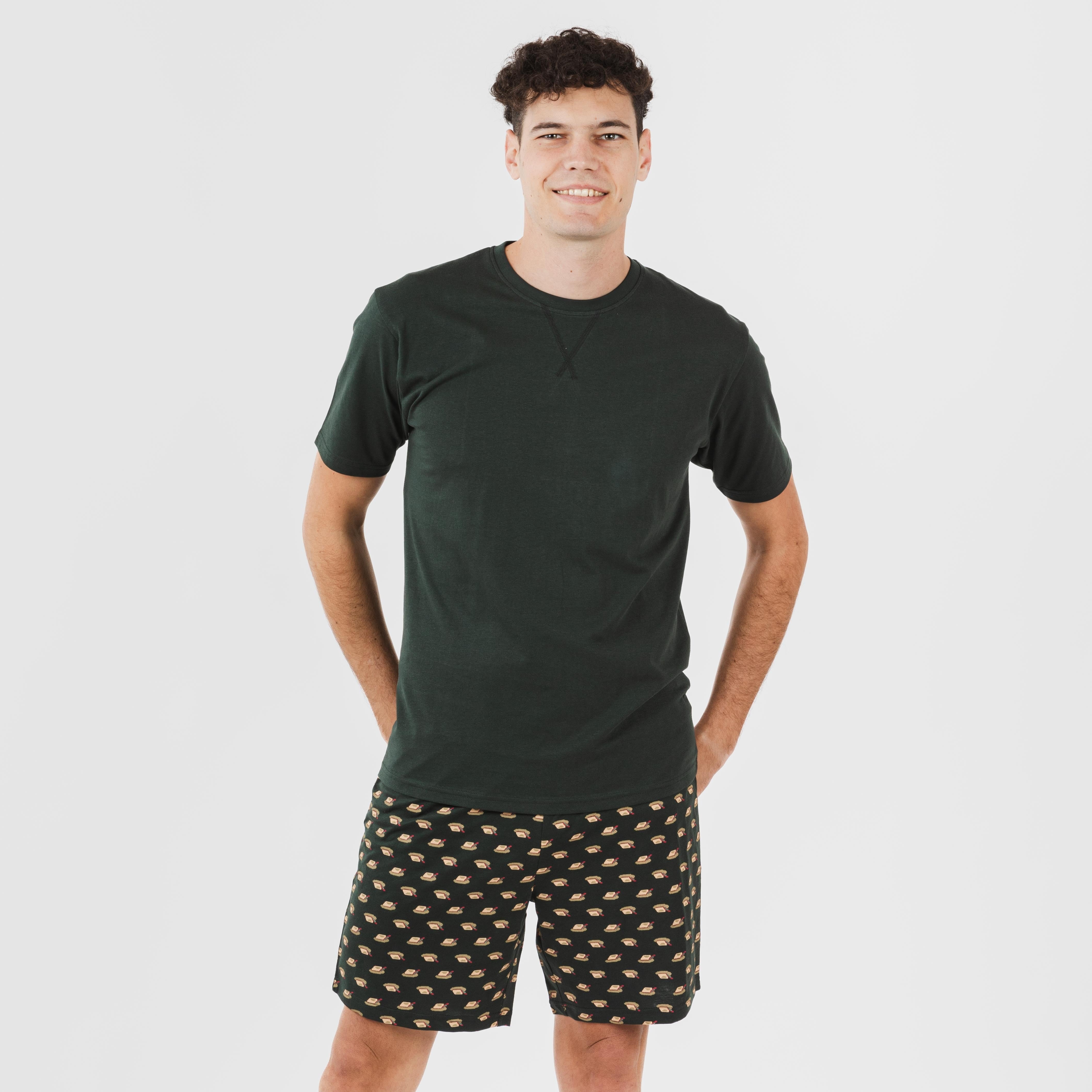 Pijama curto de algodão verde-garrafa para homens e meninos