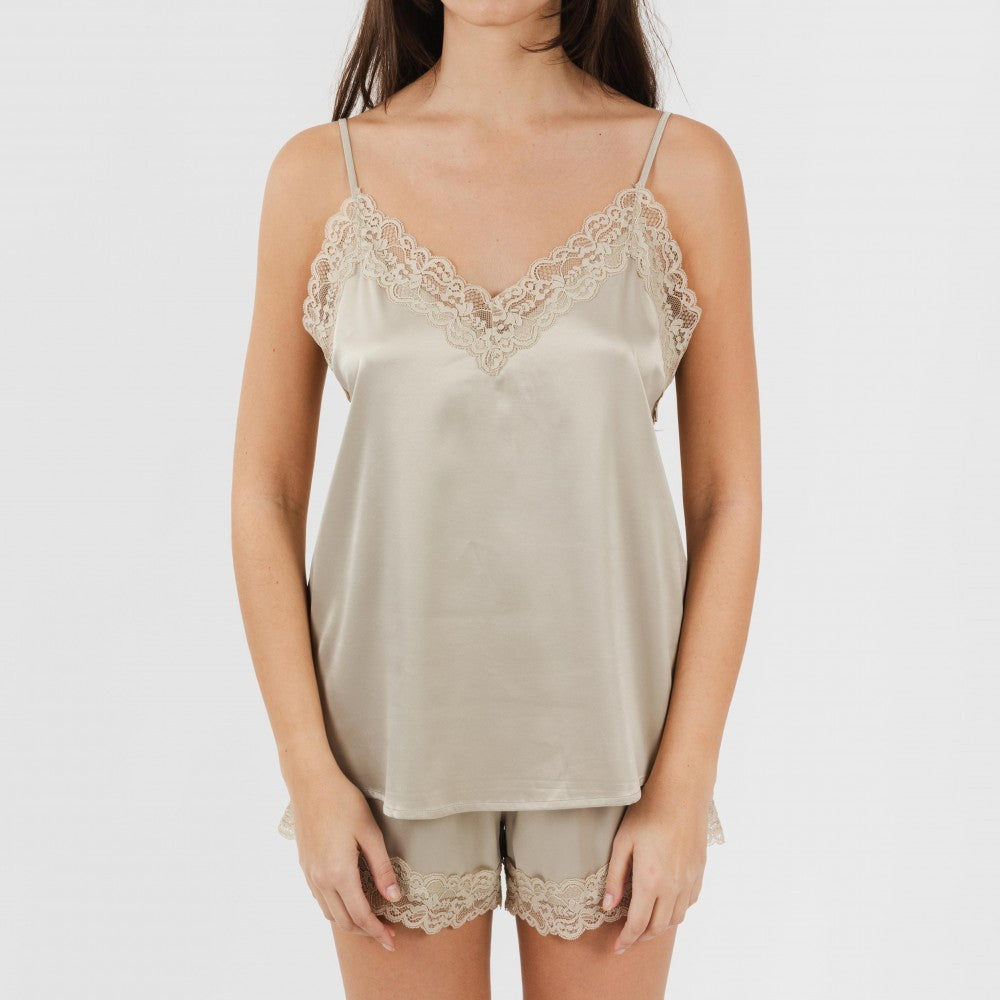 Pijama feminino de cetim com suspensórios, liso, sexta-feira