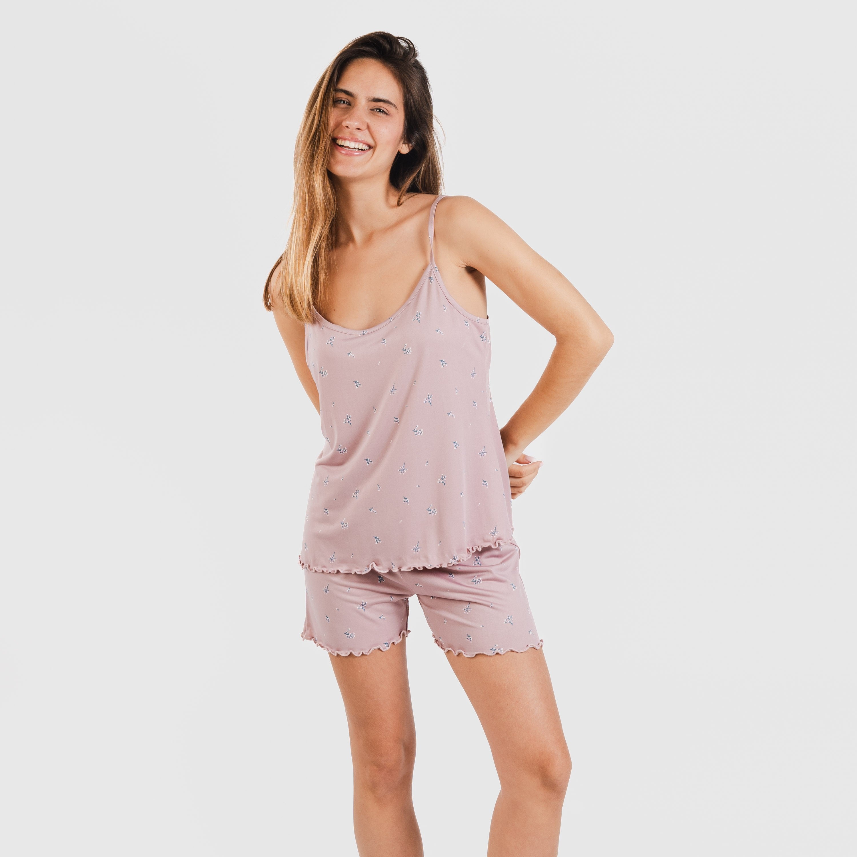 Pijama feminino Melanie cor malva com alças.