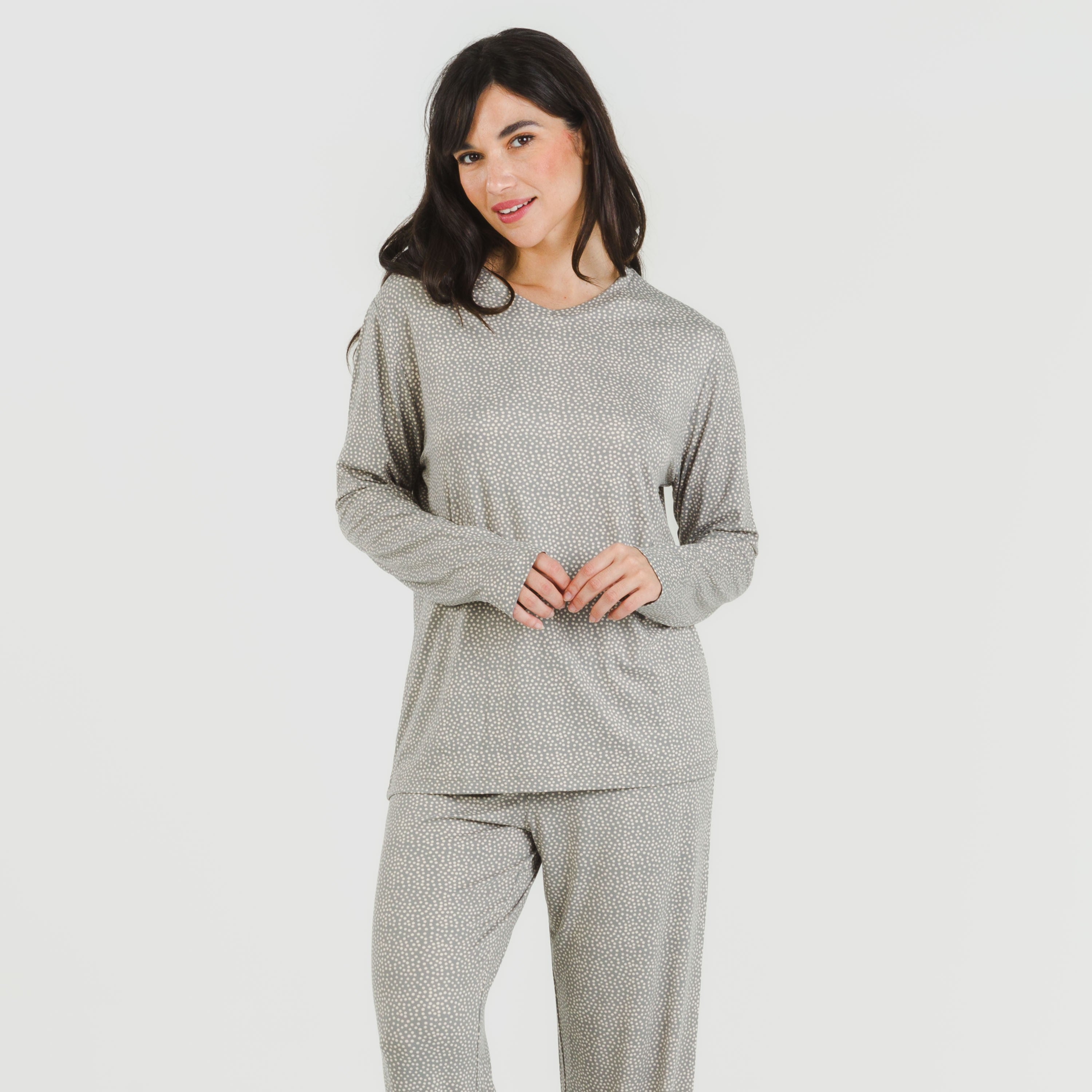 Pijama longo feminino Lolenda, macio, cinza carvão