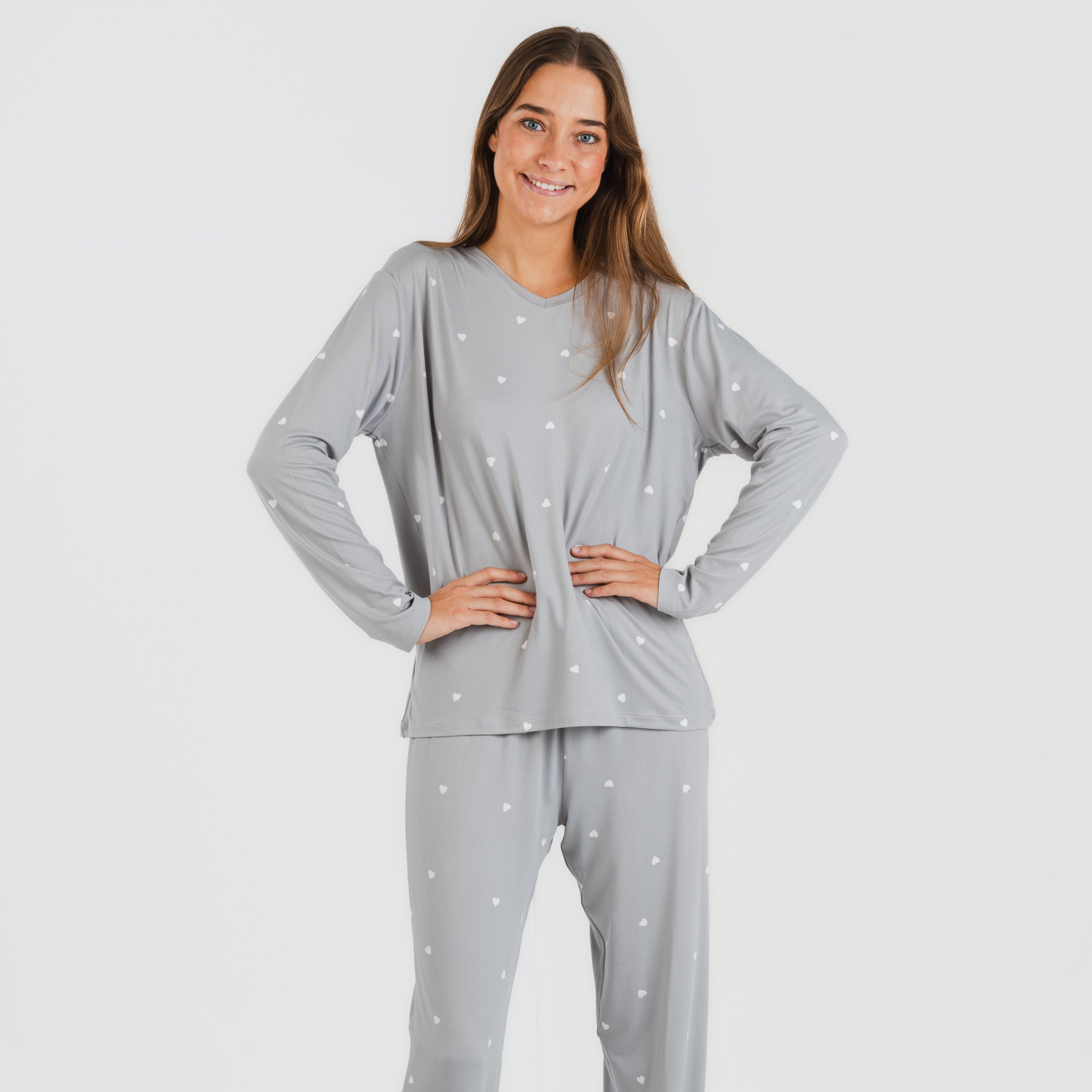 Pijama longo feminino macio Choer cinza