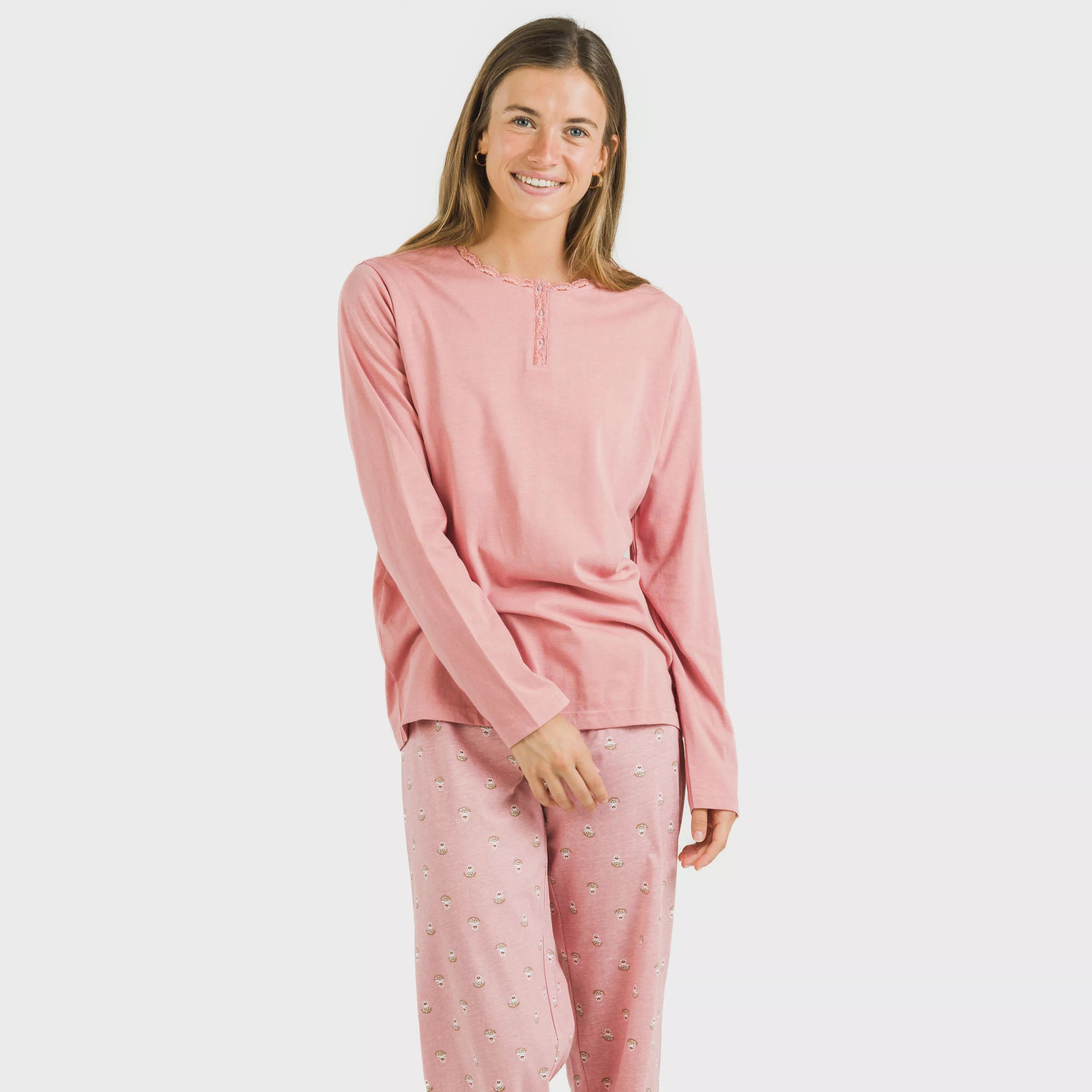 Pijama longo de algodão rosa Santi