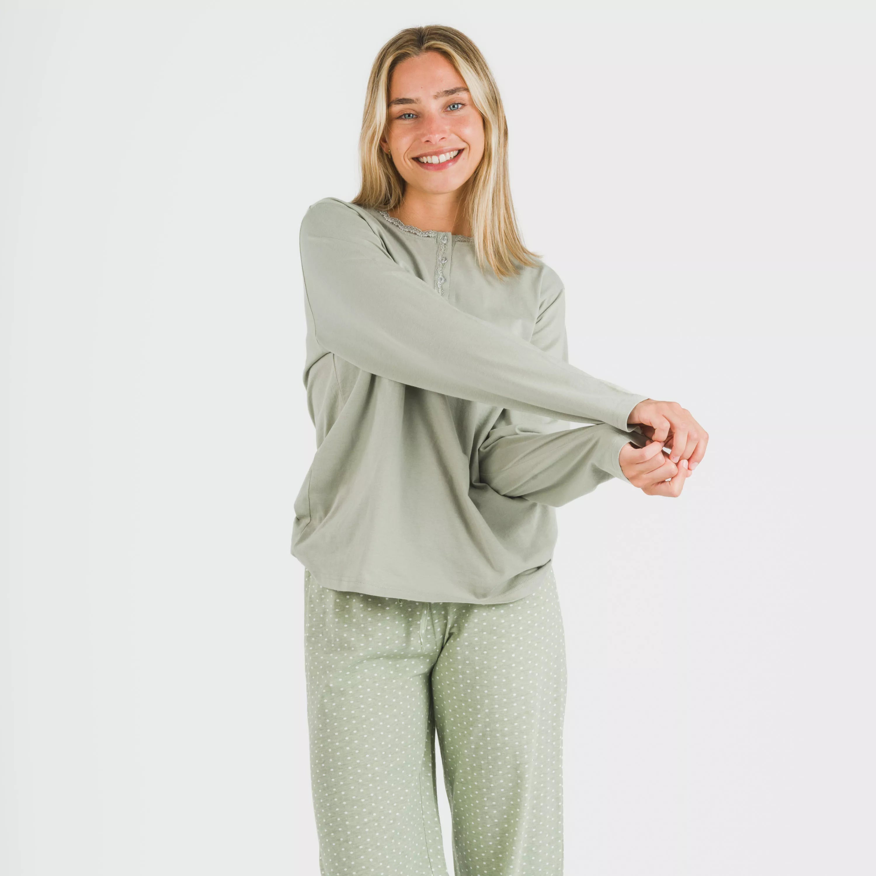 Steve, pijama comprido de algodão verde para caça.