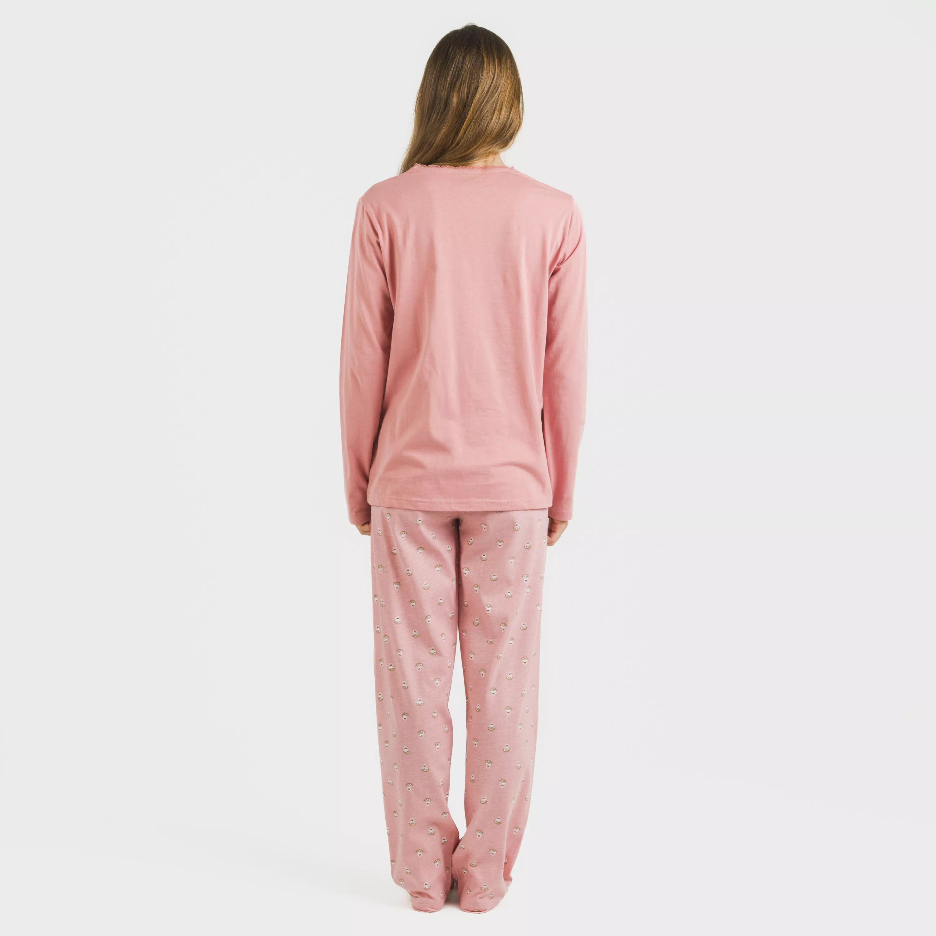 Pijama longo de algodão rosa Santi