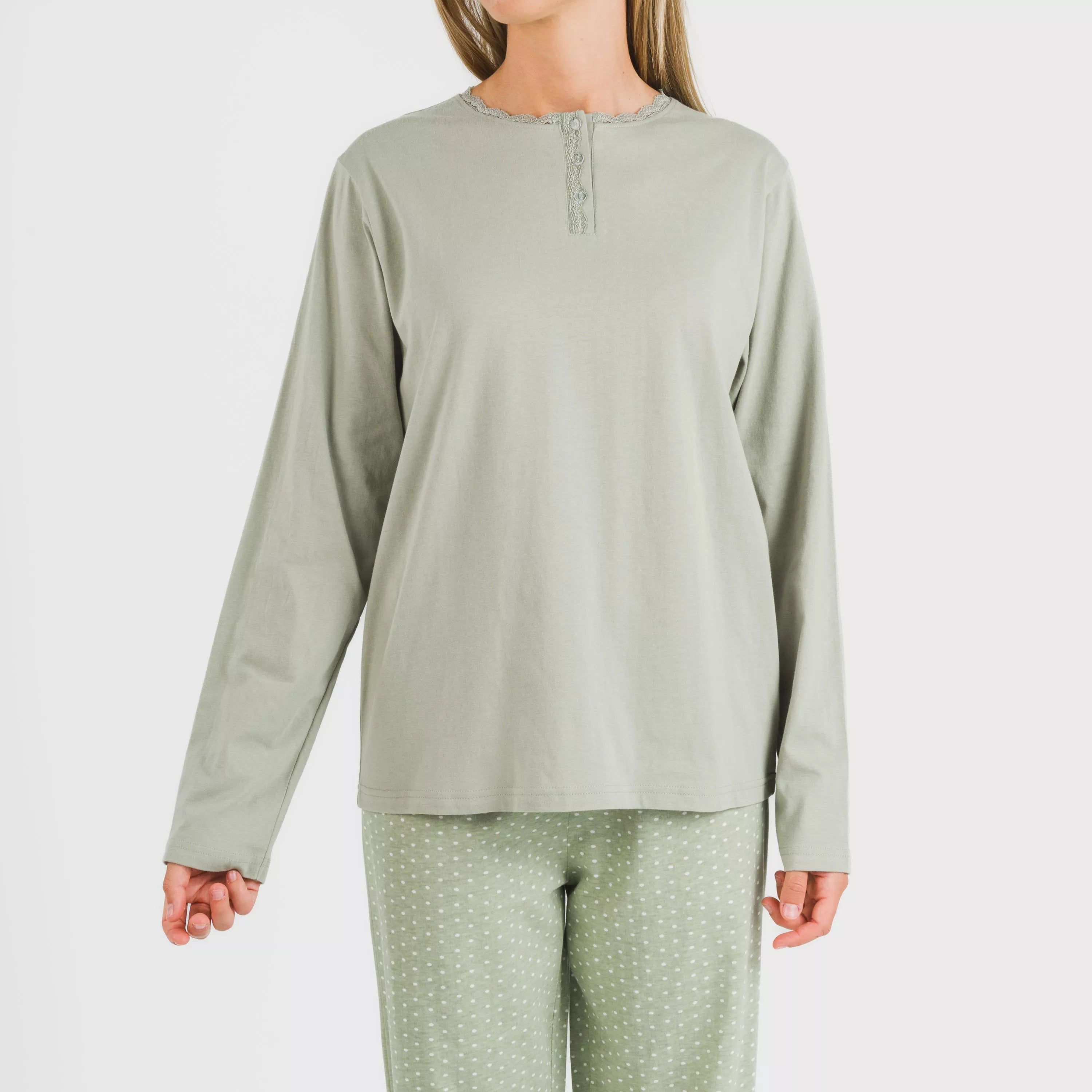 Steve, pijama comprido de algodão verde para caça.