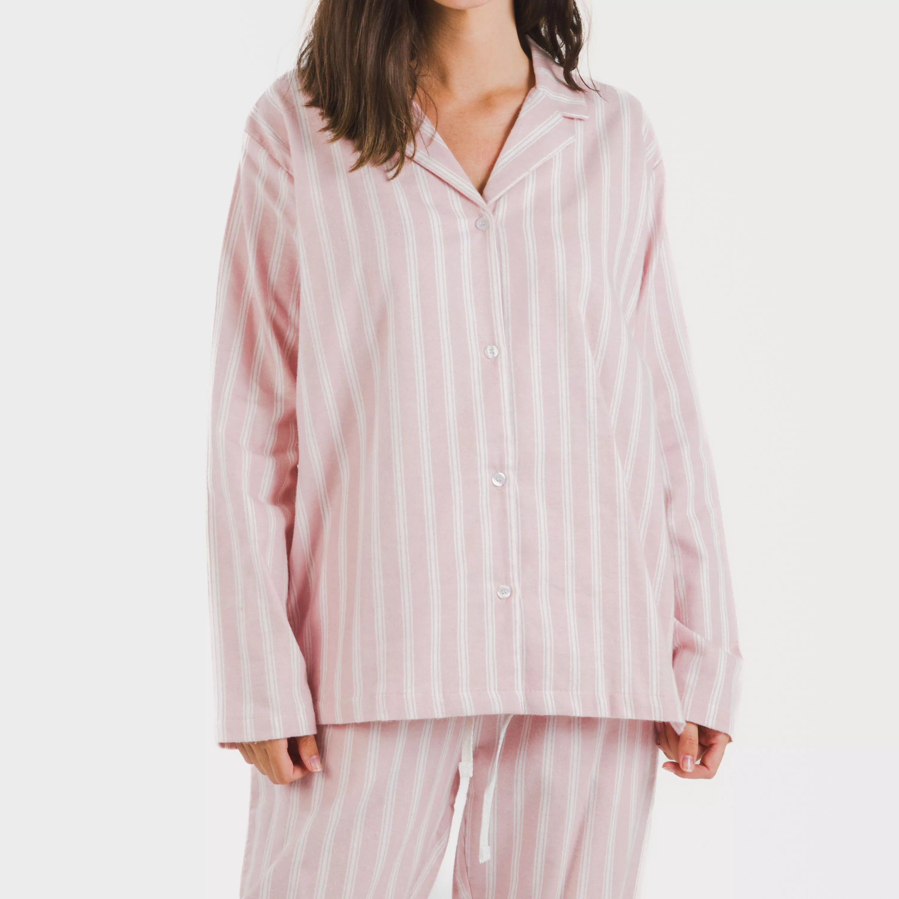 Pijama feminino de flanela com lapela, estampa listrada Marseille rosa.