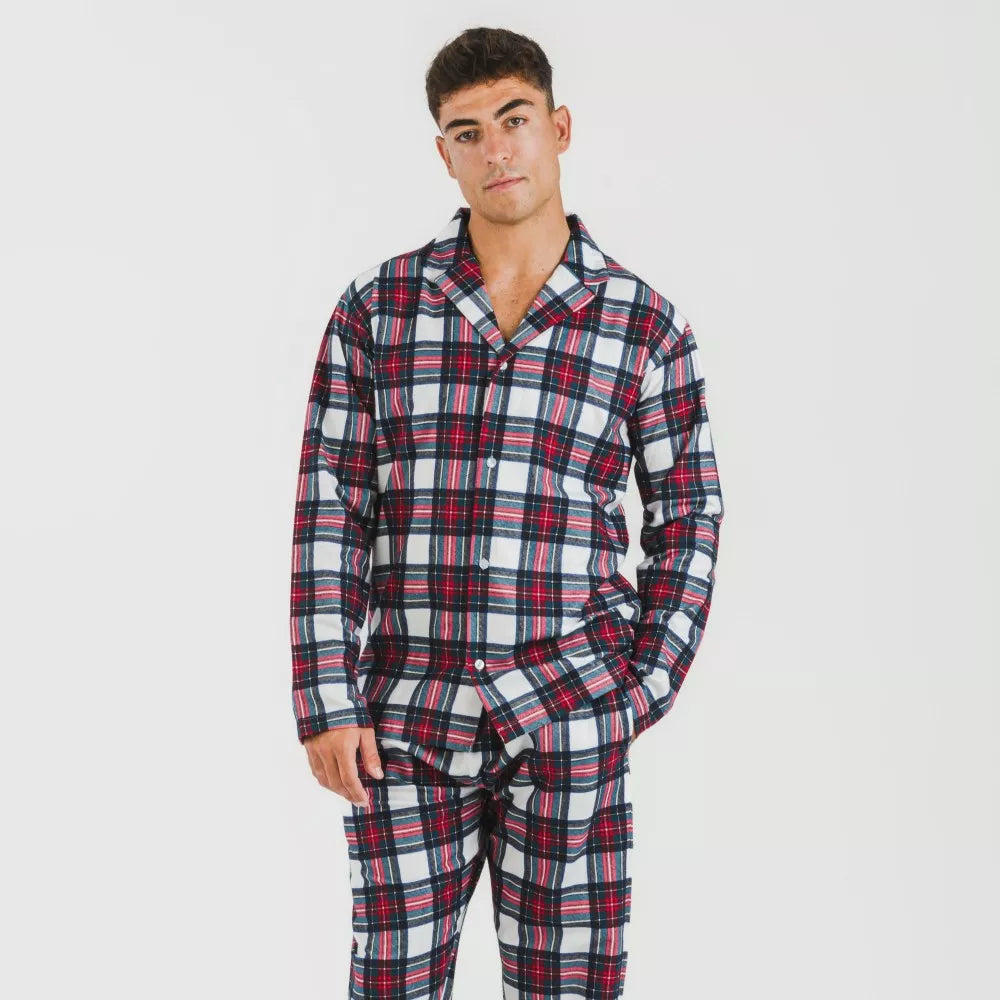Pijama masculino de flanela com lapela, estampa xadrez Celestia