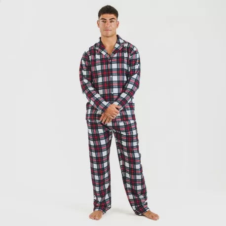 Pijama masculino de flanela com lapela, estampa xadrez Celestia