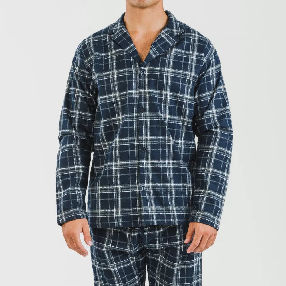 Pijama masculino de flanela com lapela, xadrez azul.