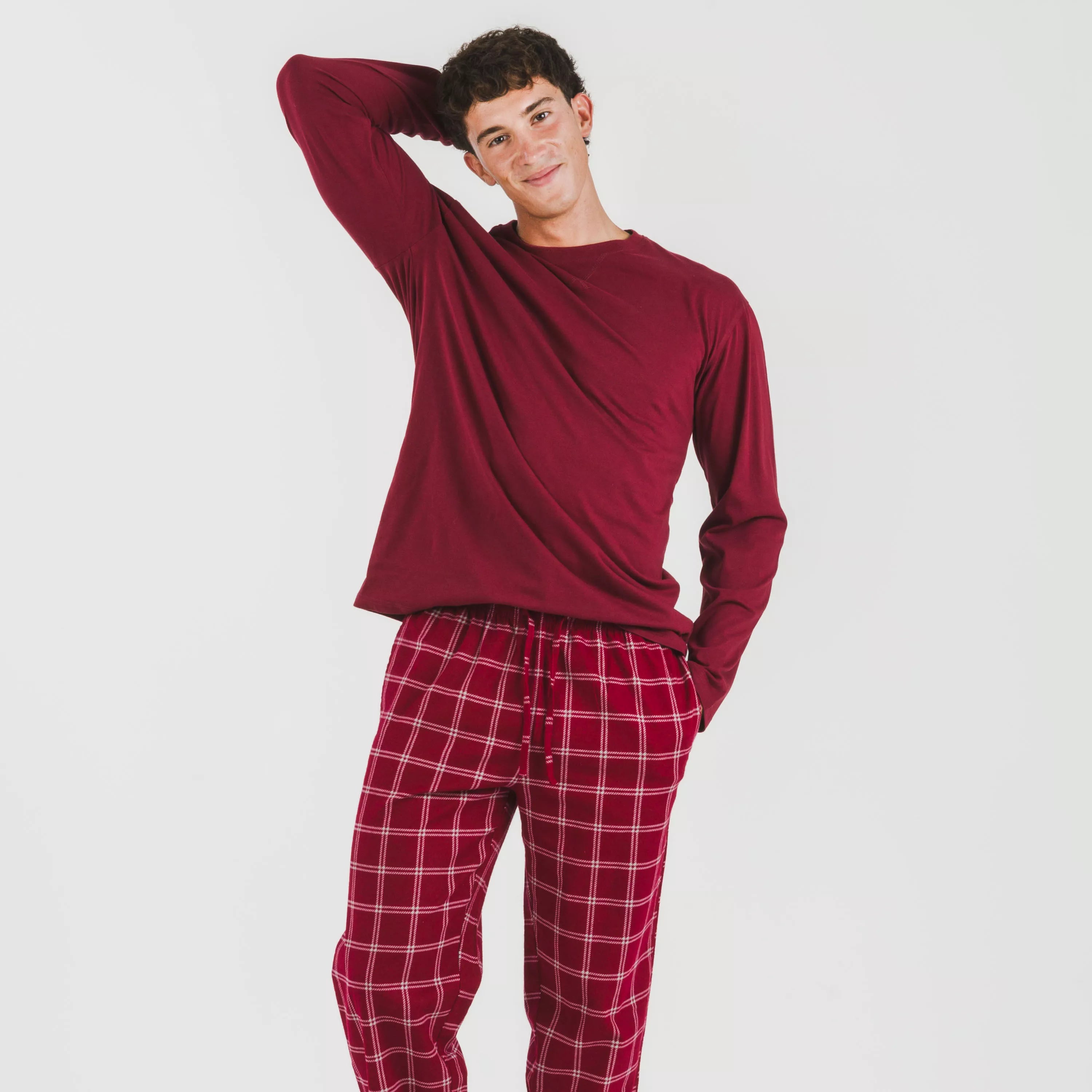 Pijama masculino de flanela, xadrez bordô Nitari