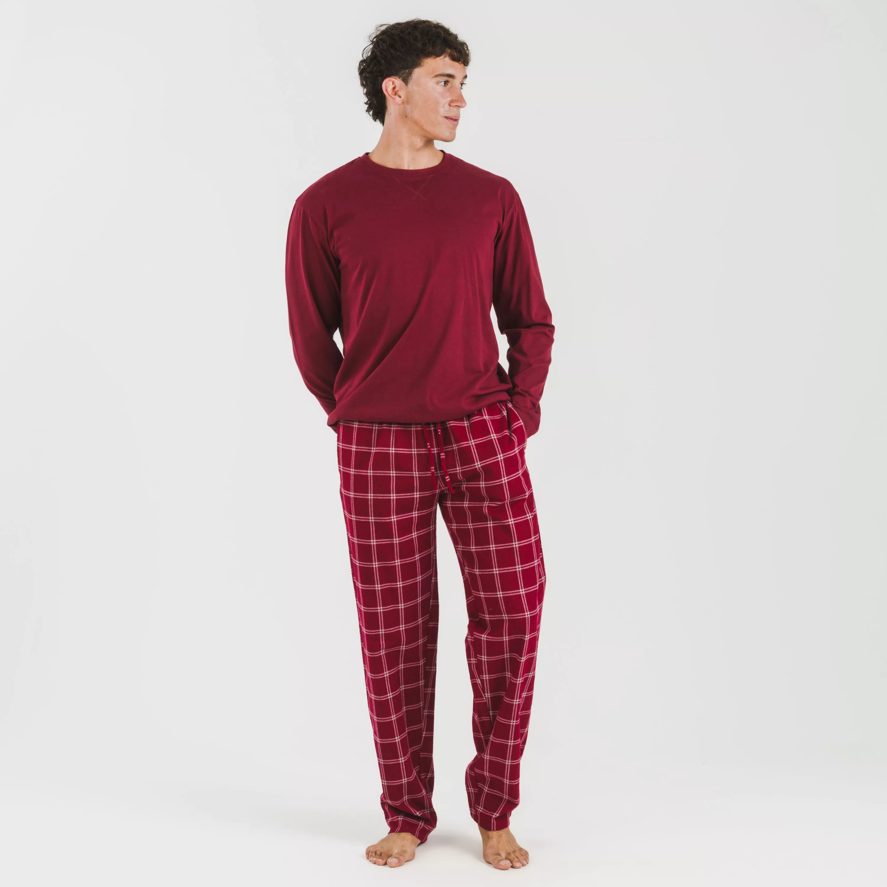 Pijama masculino de flanela, xadrez bordô Nitari