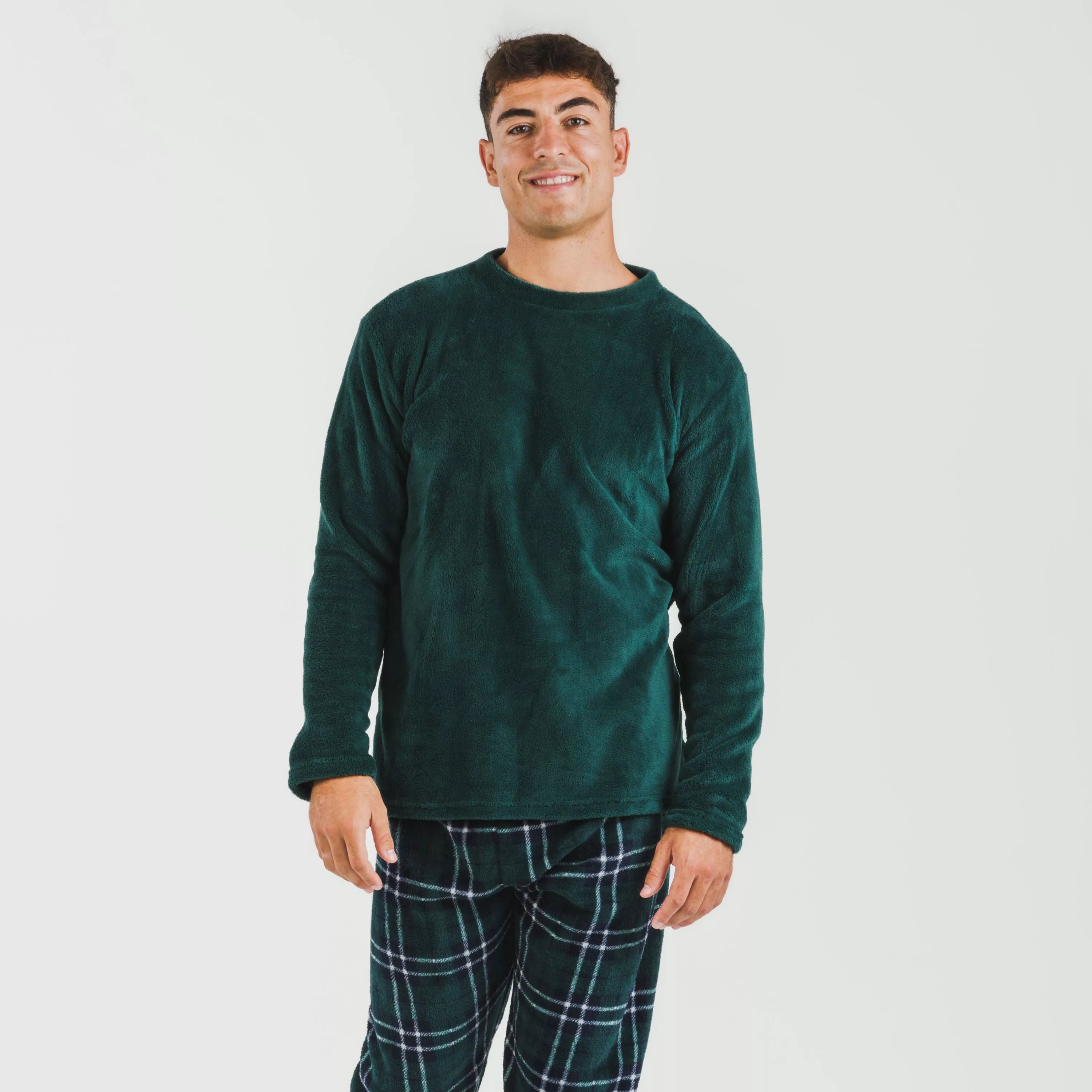 Pijama masculino de lã coral, xadrez verde Welo