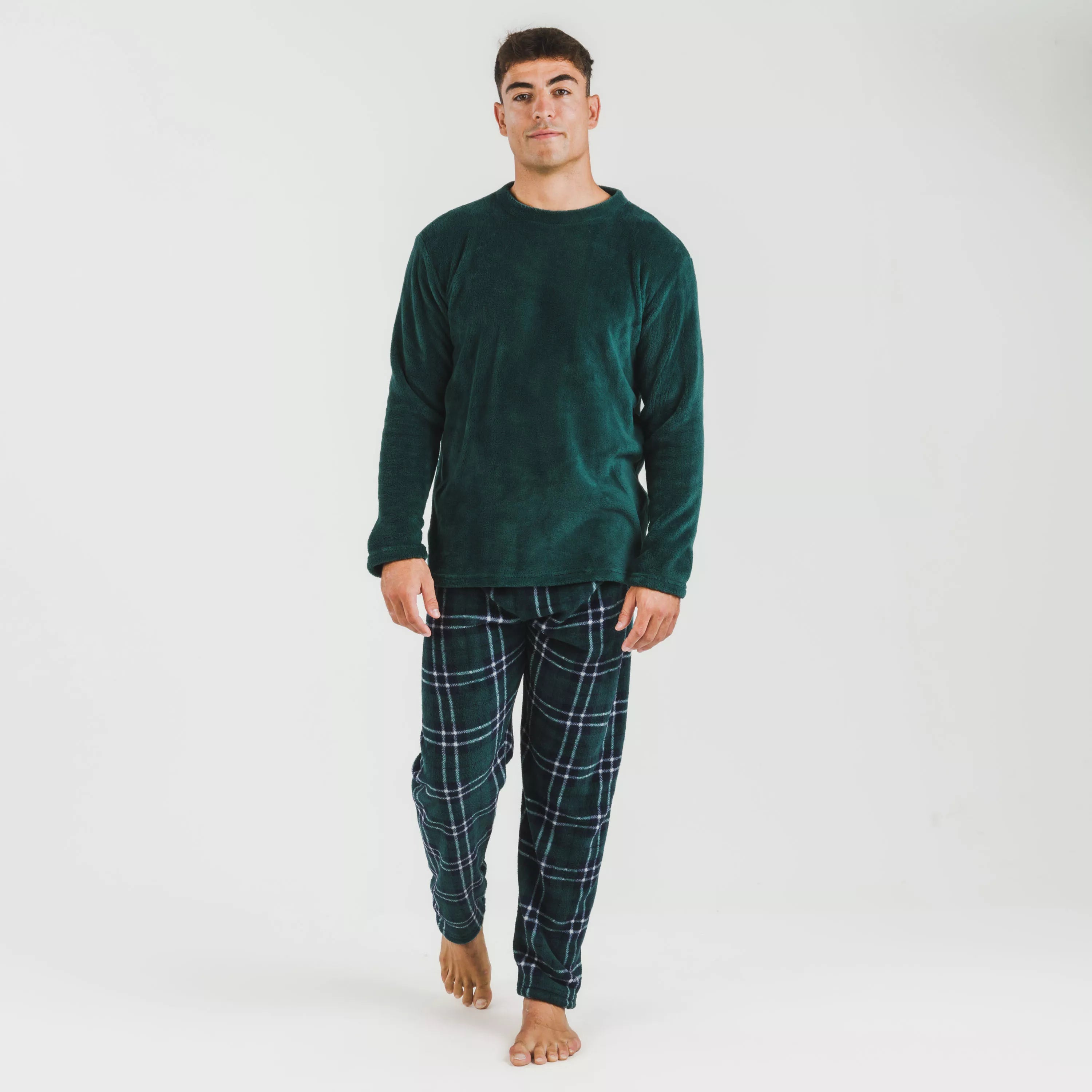 Pijama masculino de lã coral, xadrez verde Welo