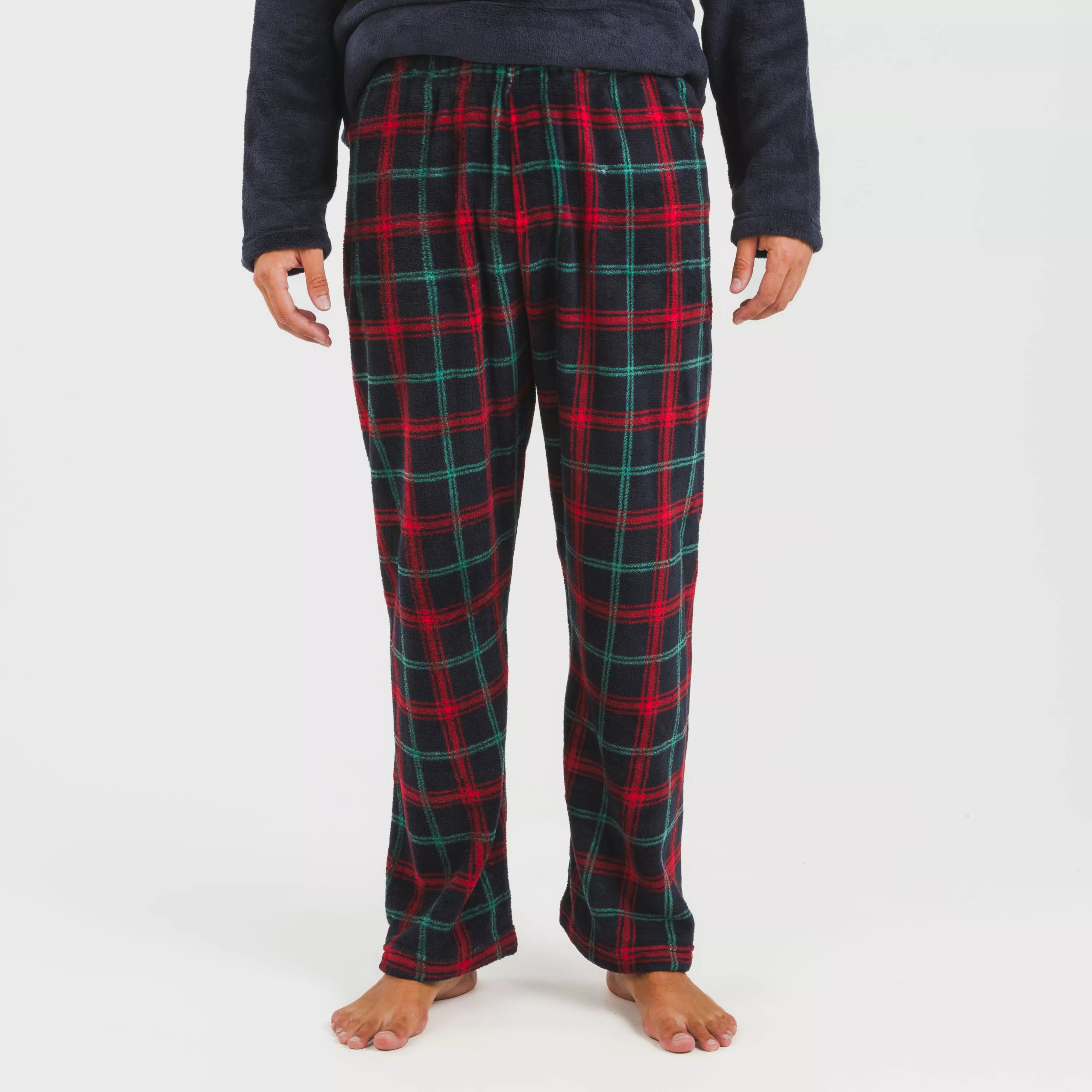 Pijama masculino de lã coral, xadrez romano azul.