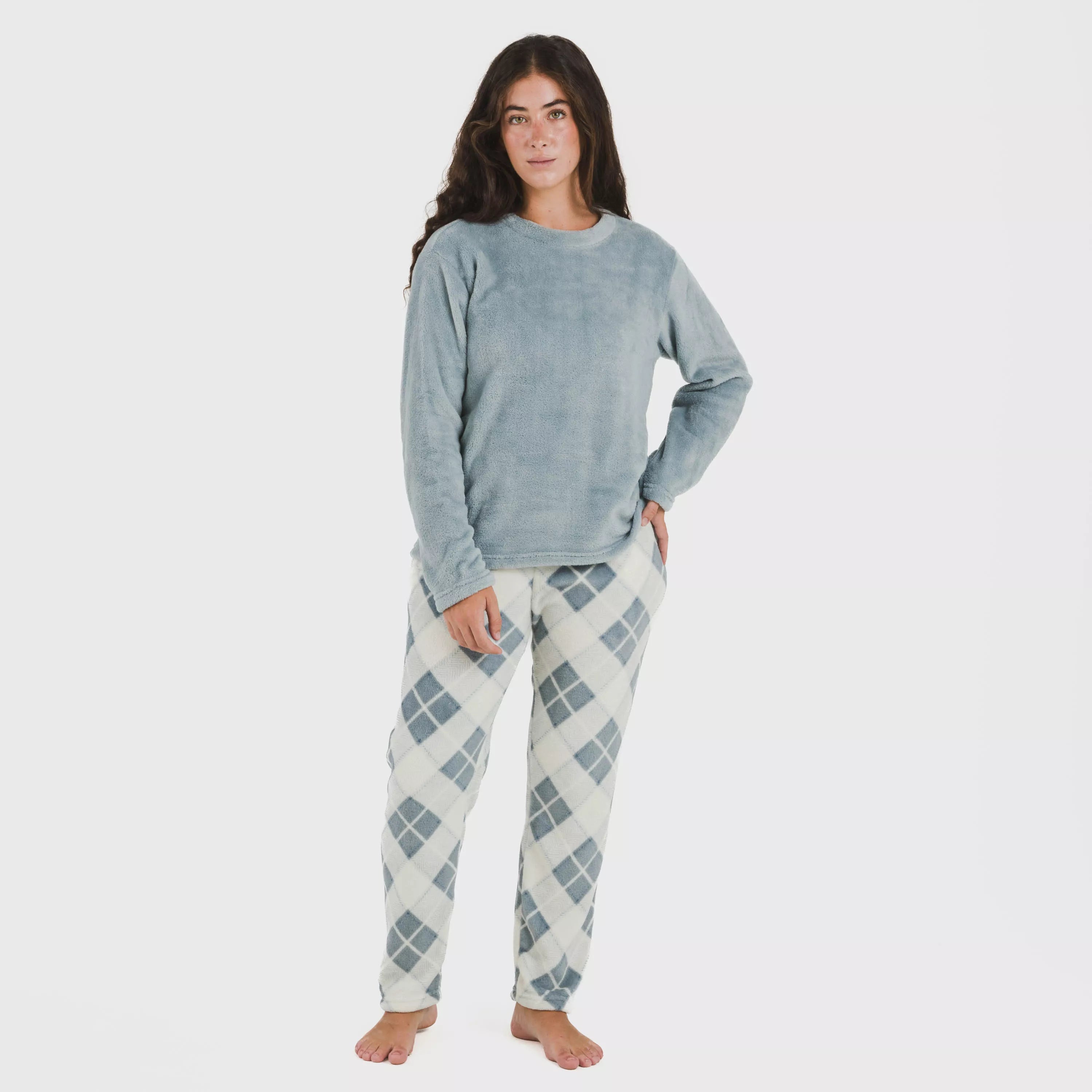 Pijama coral com estampa xadrez índigo Guima