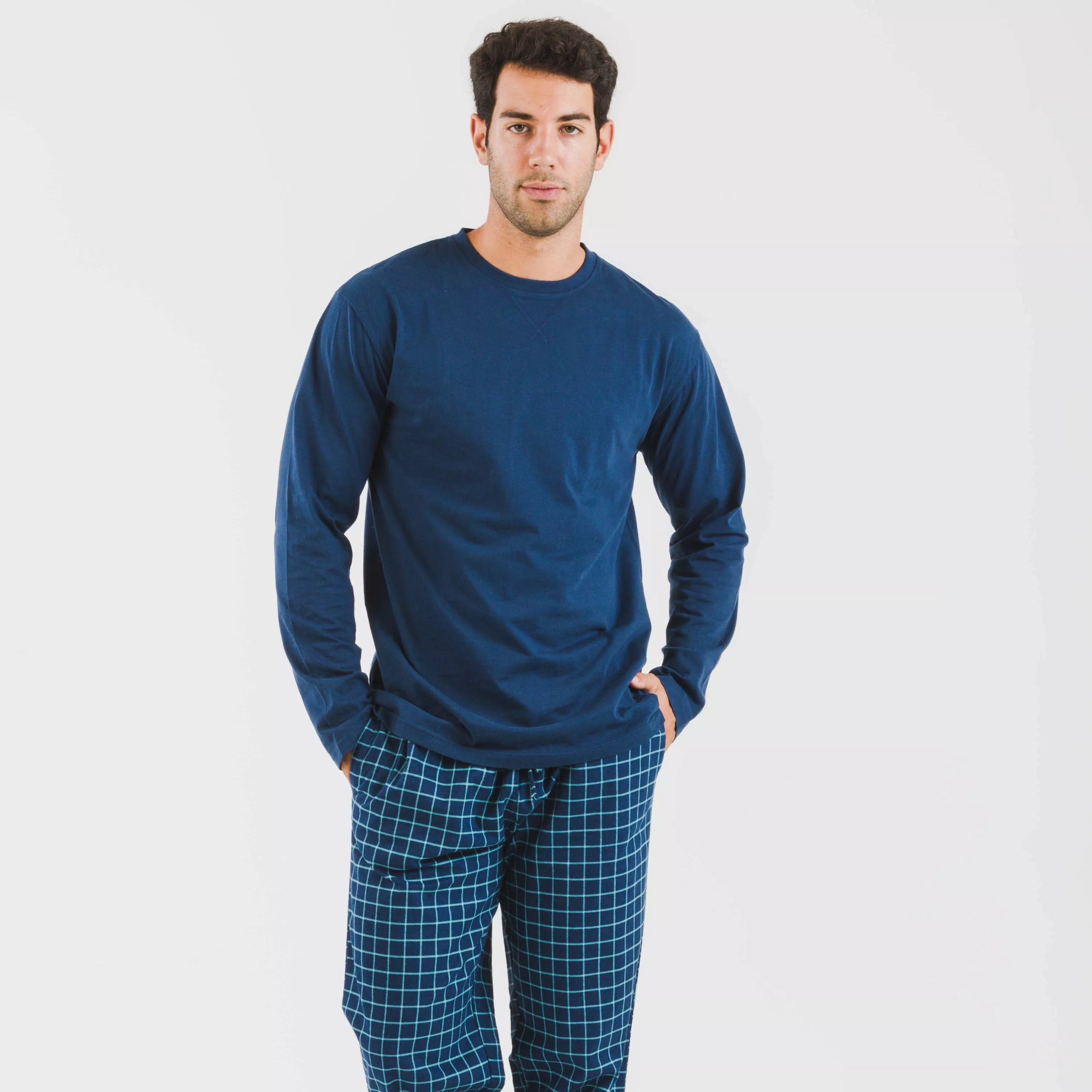Pijama de flanela masculino, xadrez azul Edesia