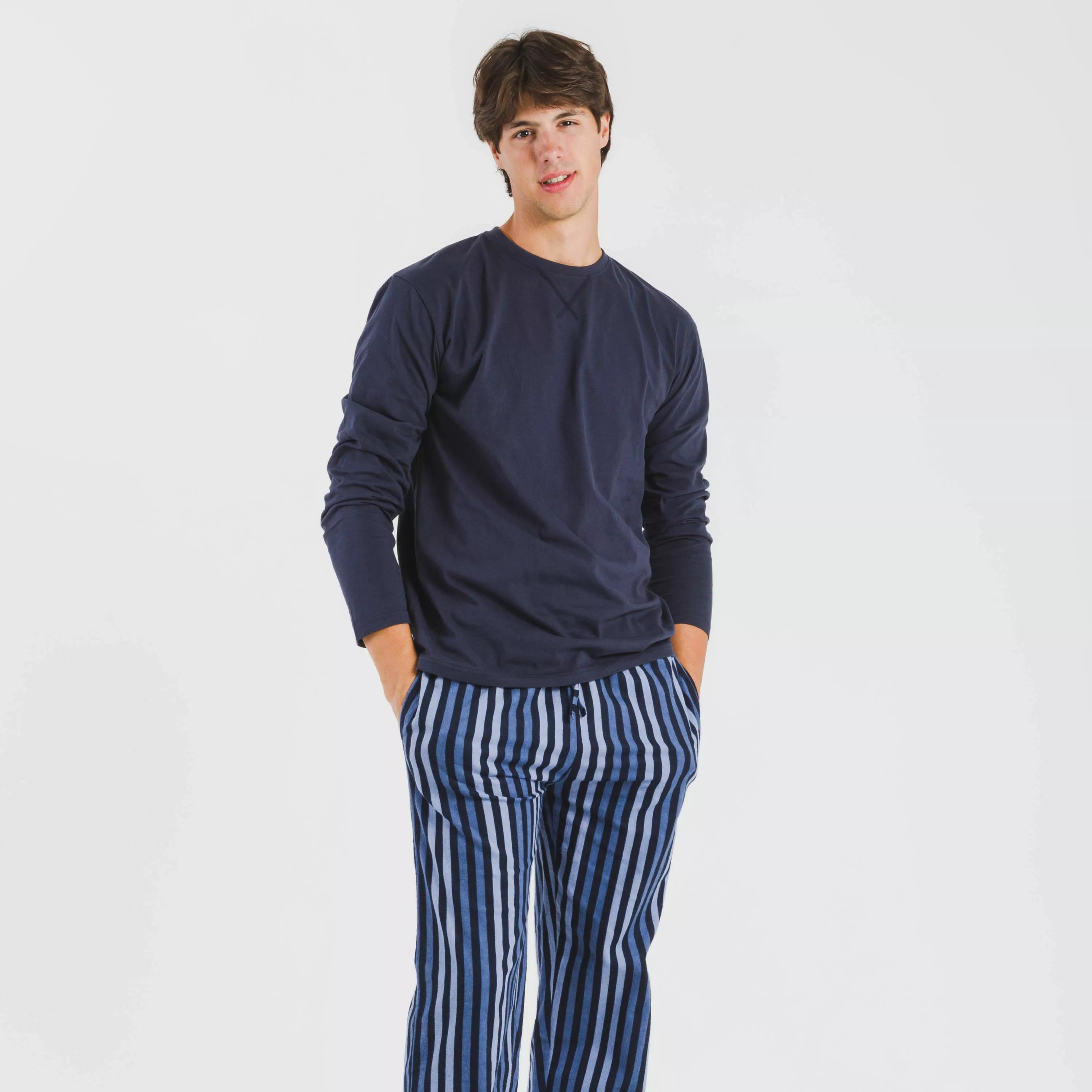 Pijama masculino de flanela, listrado Vinicius, azul