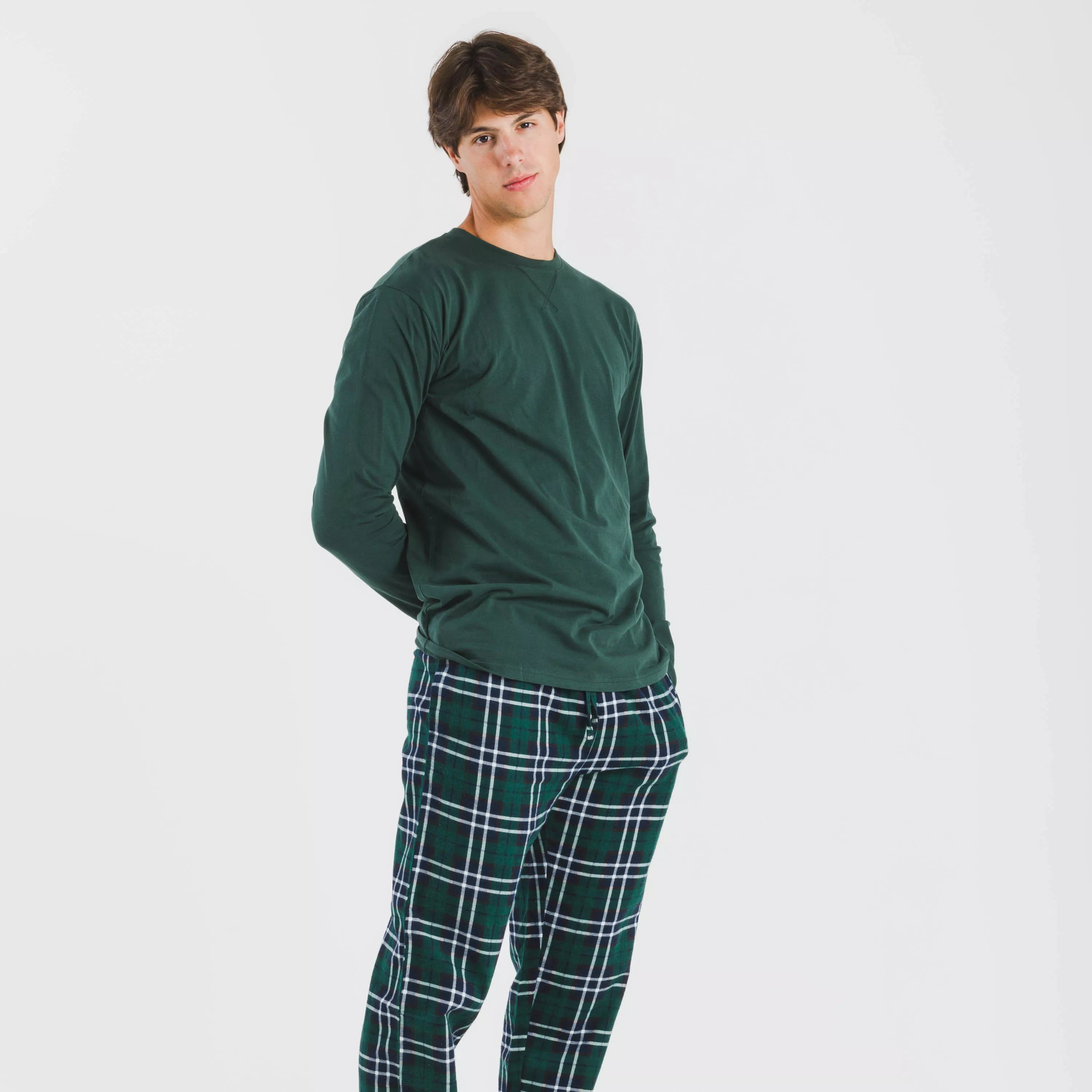 Pijama masculino de flanela, xadrez verde.