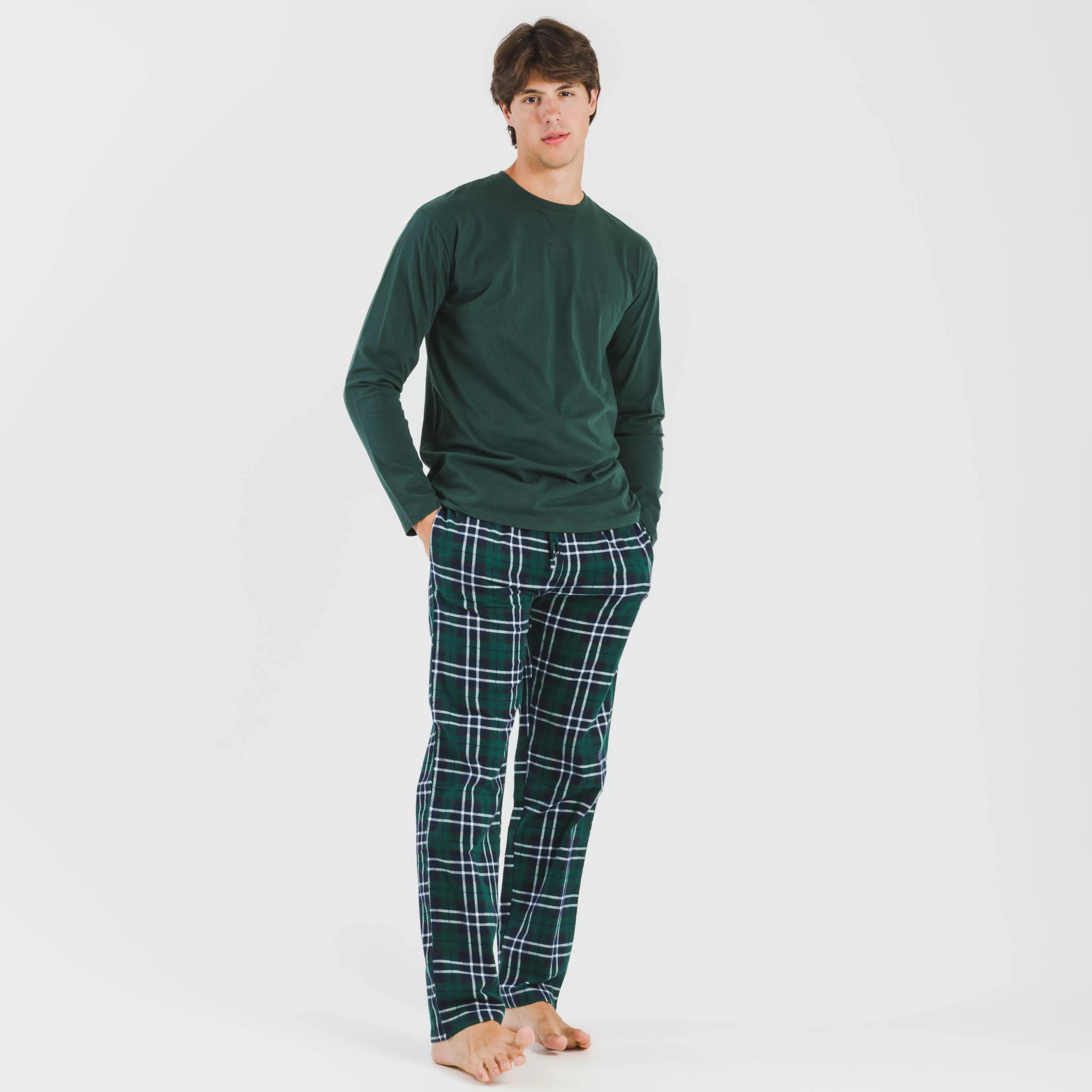 Pijama masculino de flanela, xadrez verde.
