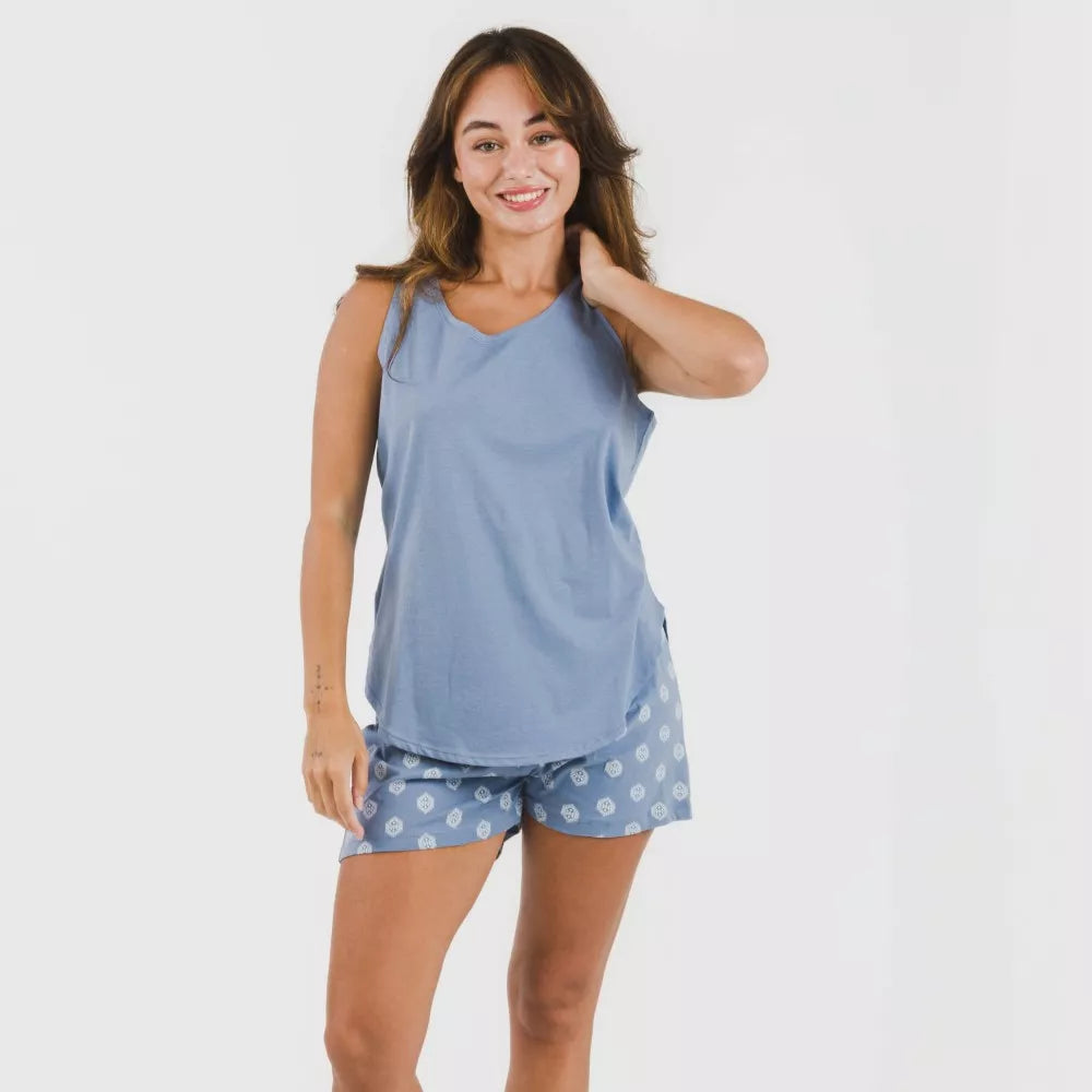 Pijama curto de algodão Garbo azul índigo