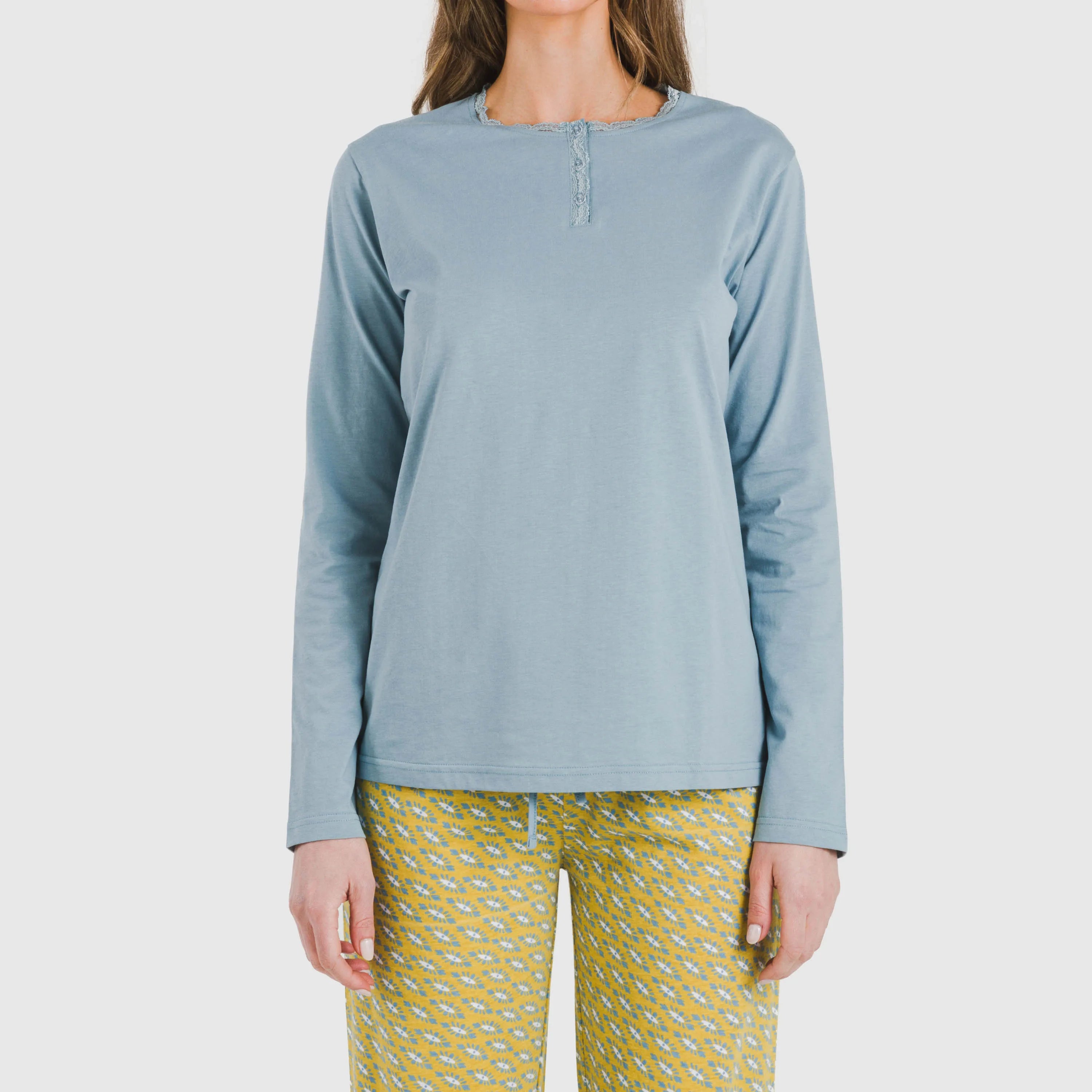 Pijama longo Sisena de algodão, água-marinha