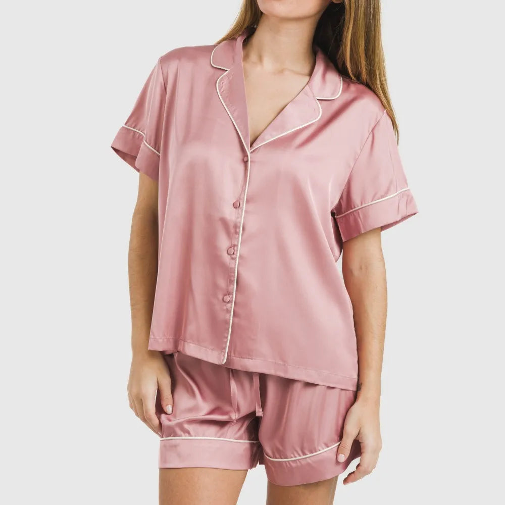 Pijama curto de cetim liso de manga curta para sexta-feira