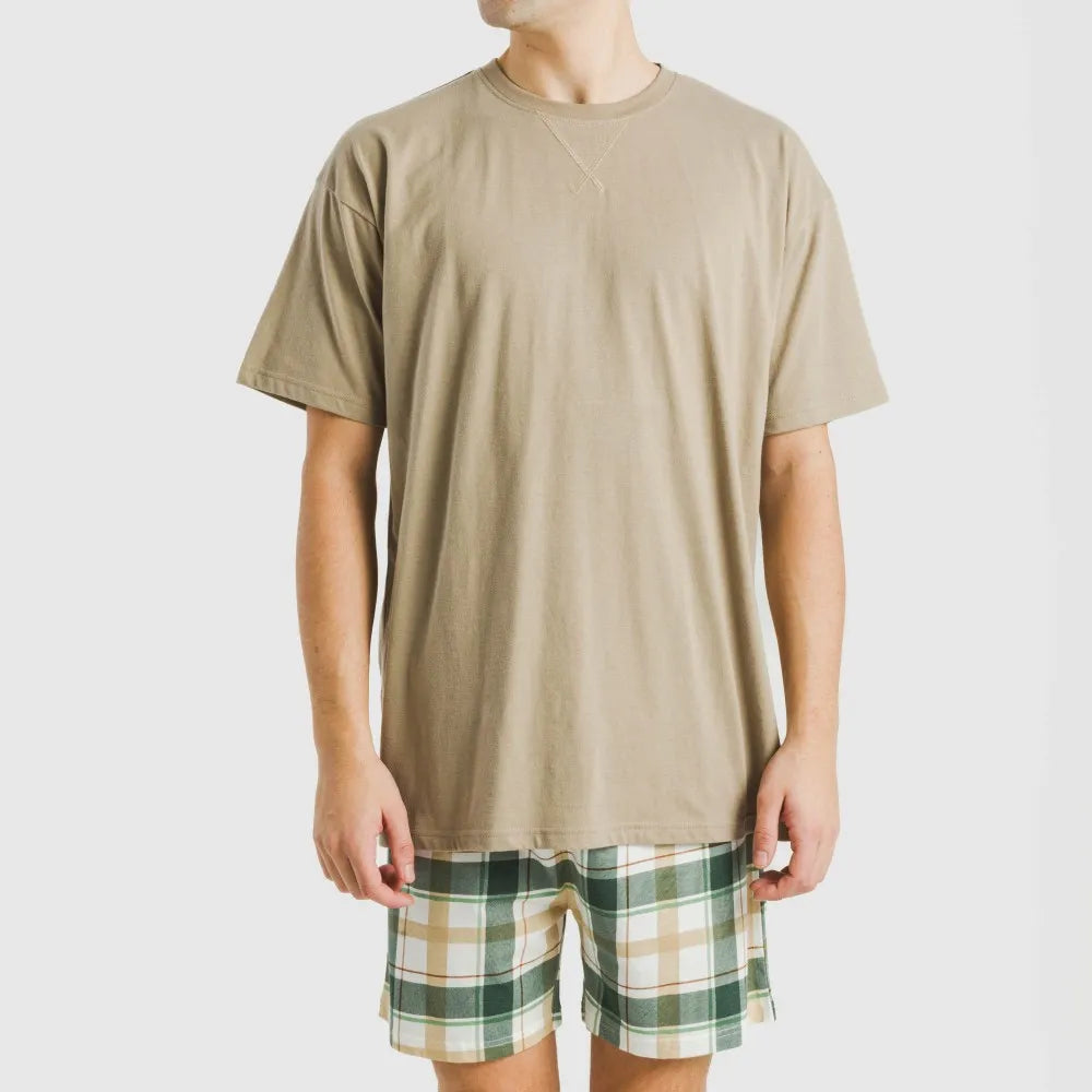 Pijama curto masculino de algodão, estampa xadrez areia Noric