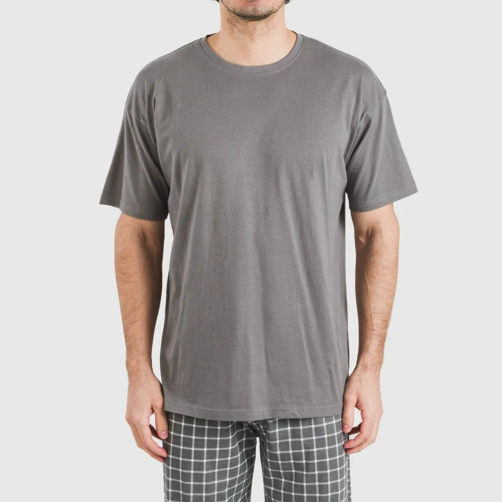 Pijama masculino Roberto xadrez cinza, manga curta e longa, em algodão.