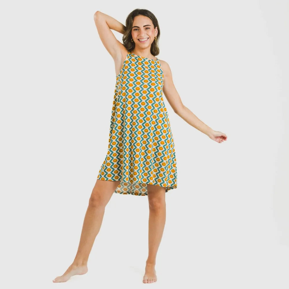 Vestido curto Naya em crepe azul-turquesa com alças