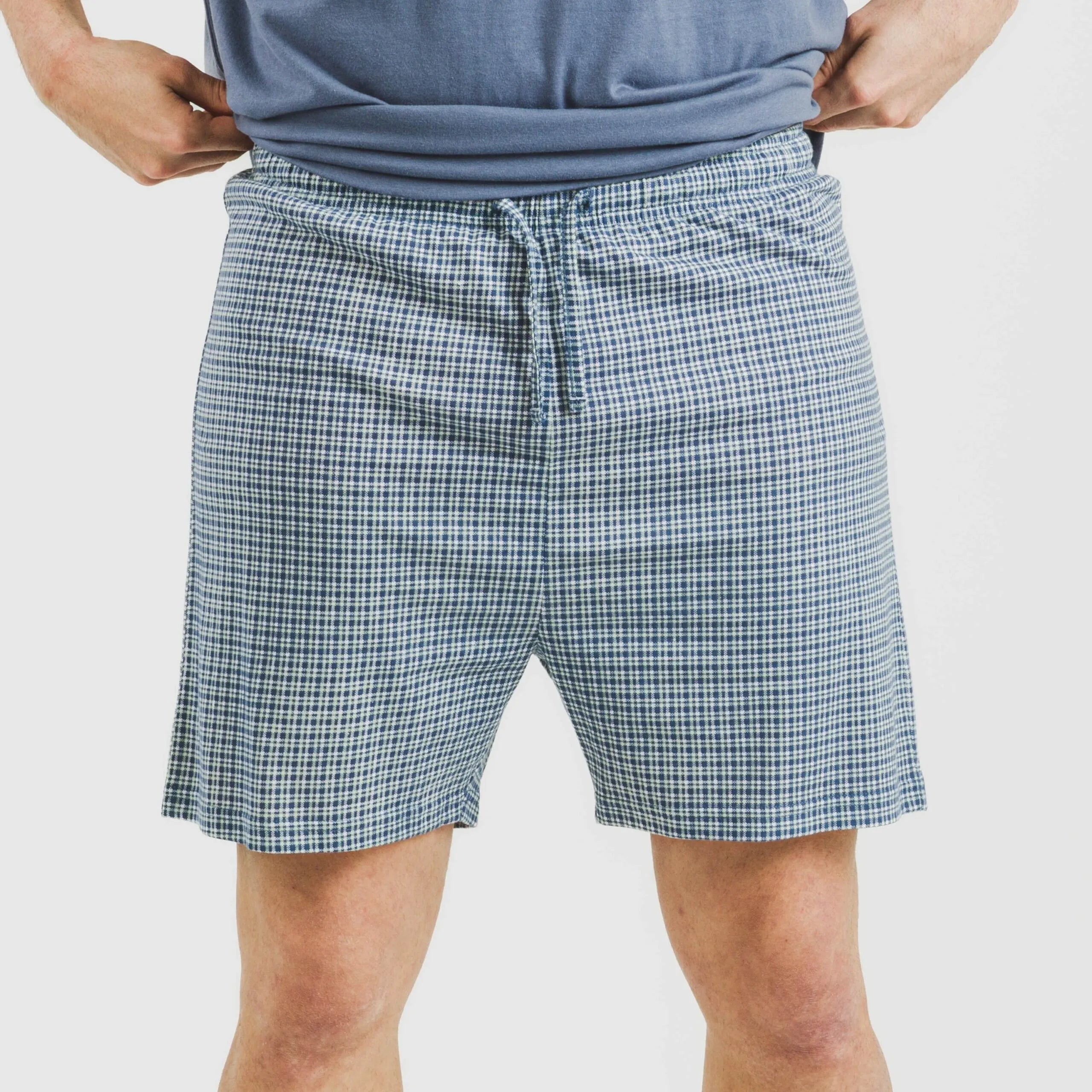 Pijama curto masculino de algodão, xadrez azul Kike