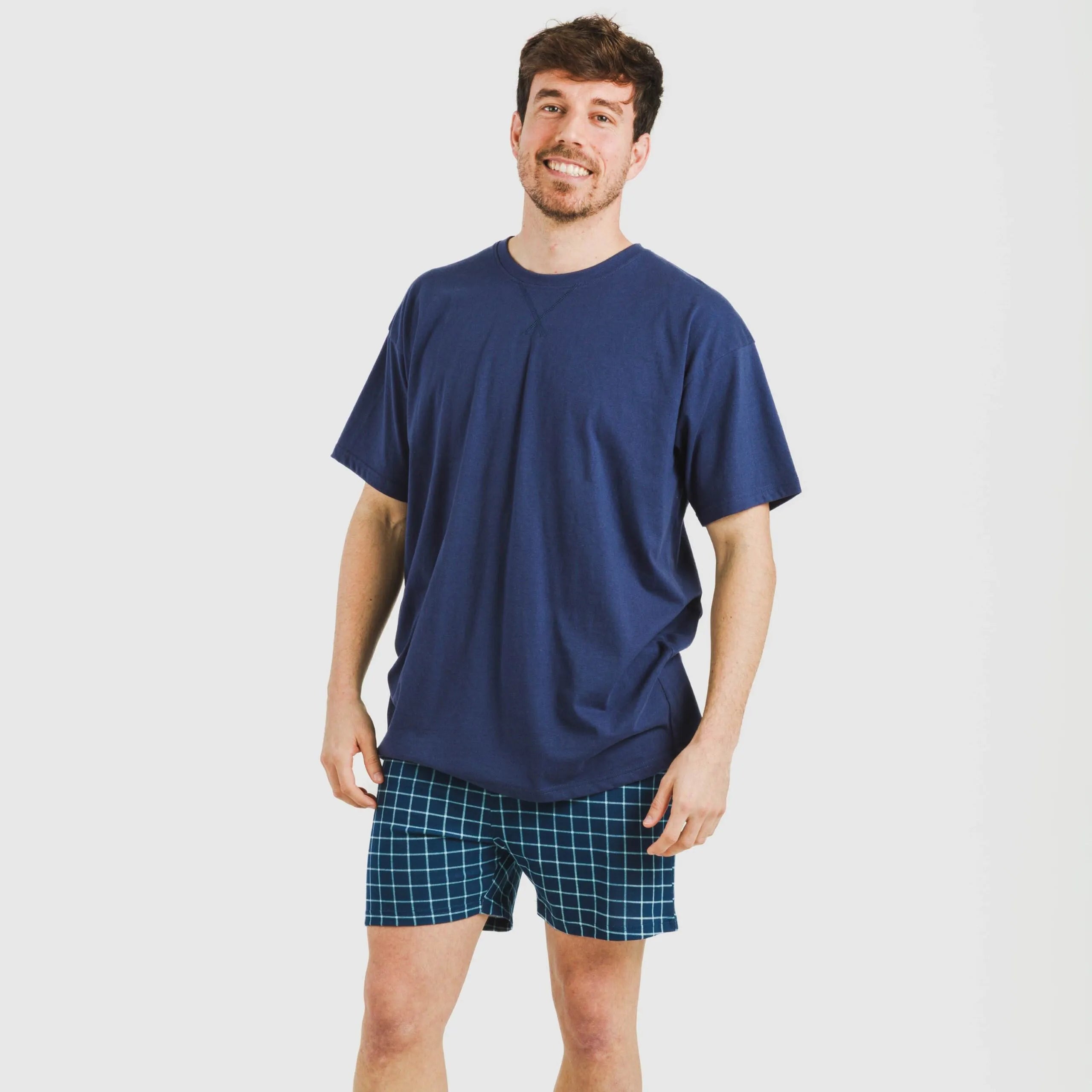 Pijama curto masculino de algodão, xadrez azul Edesia