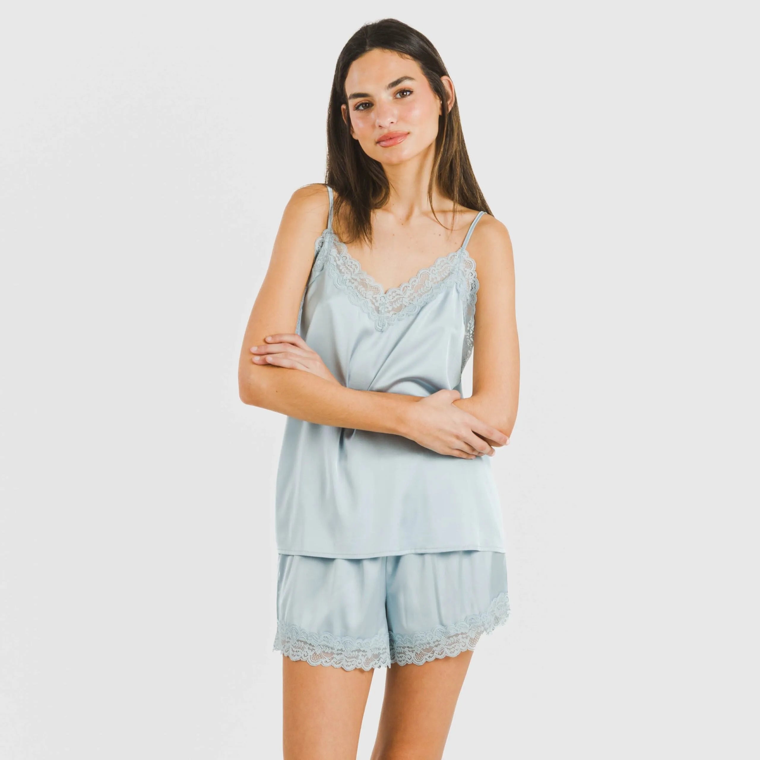 Pijama feminino de cetim com suspensórios, liso, sexta-feira