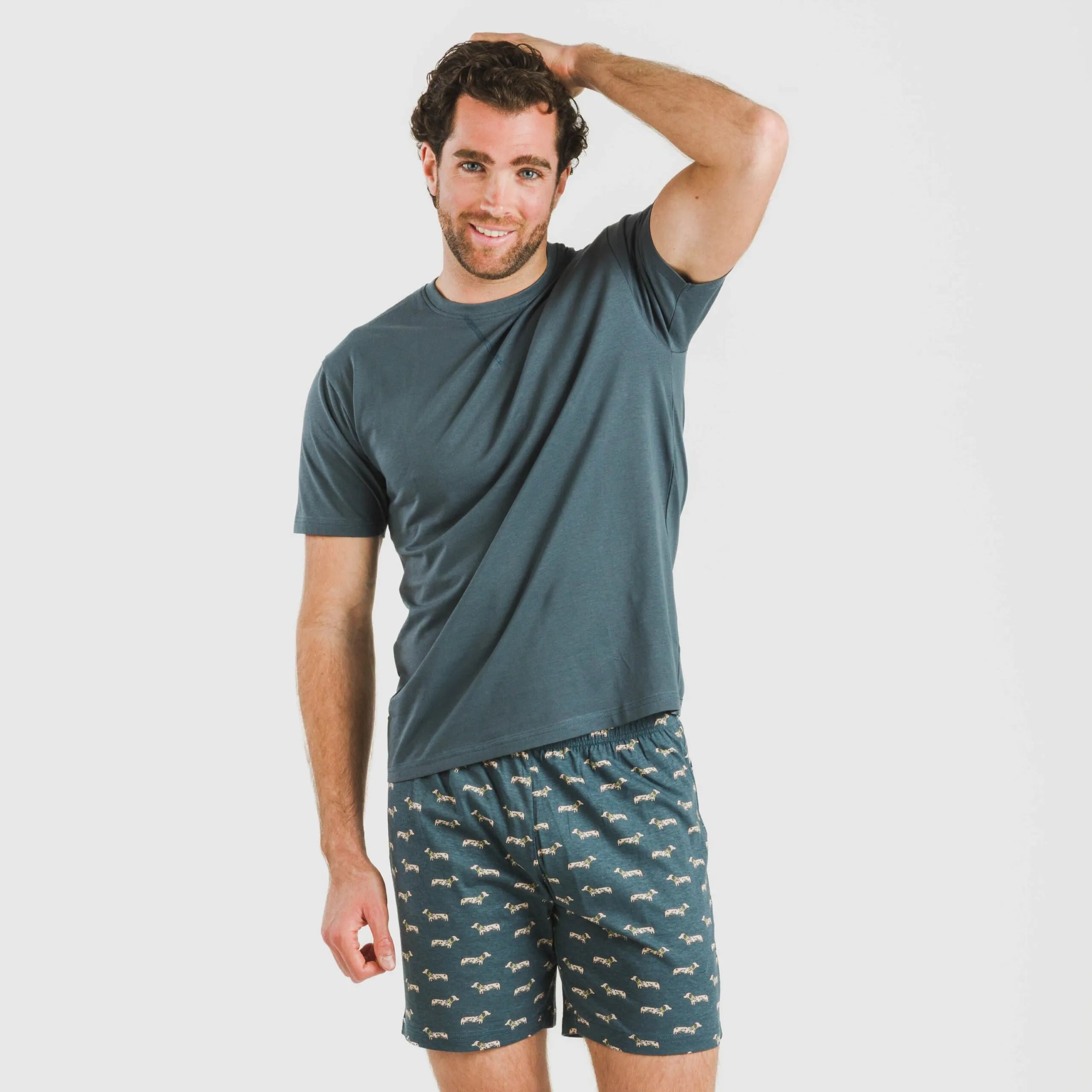 Pijama curto masculino Alexandro em algodão, cor verde-azulado