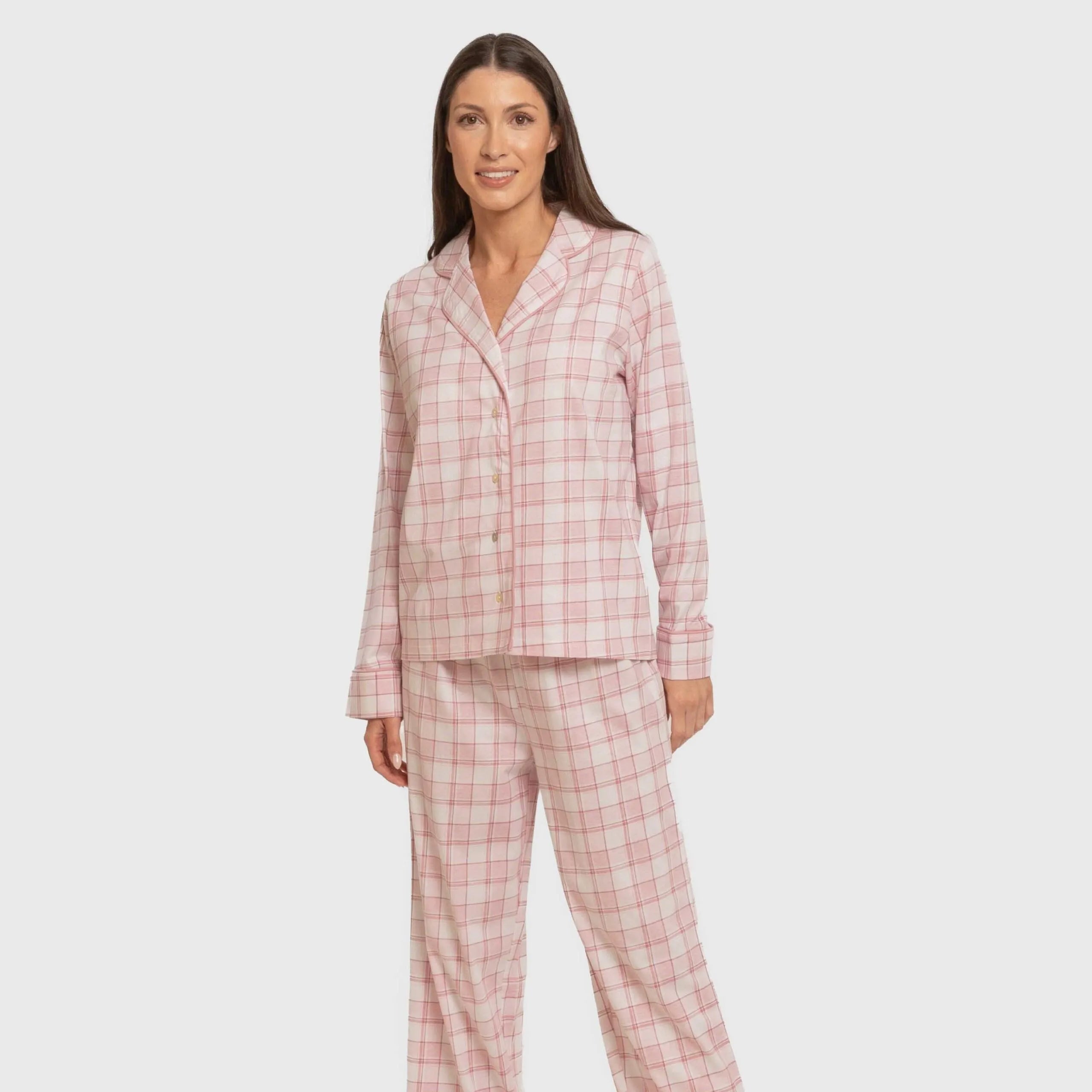 Pijama feminino longo estilo camisa de algodão, estampa xadrez rosa Moni