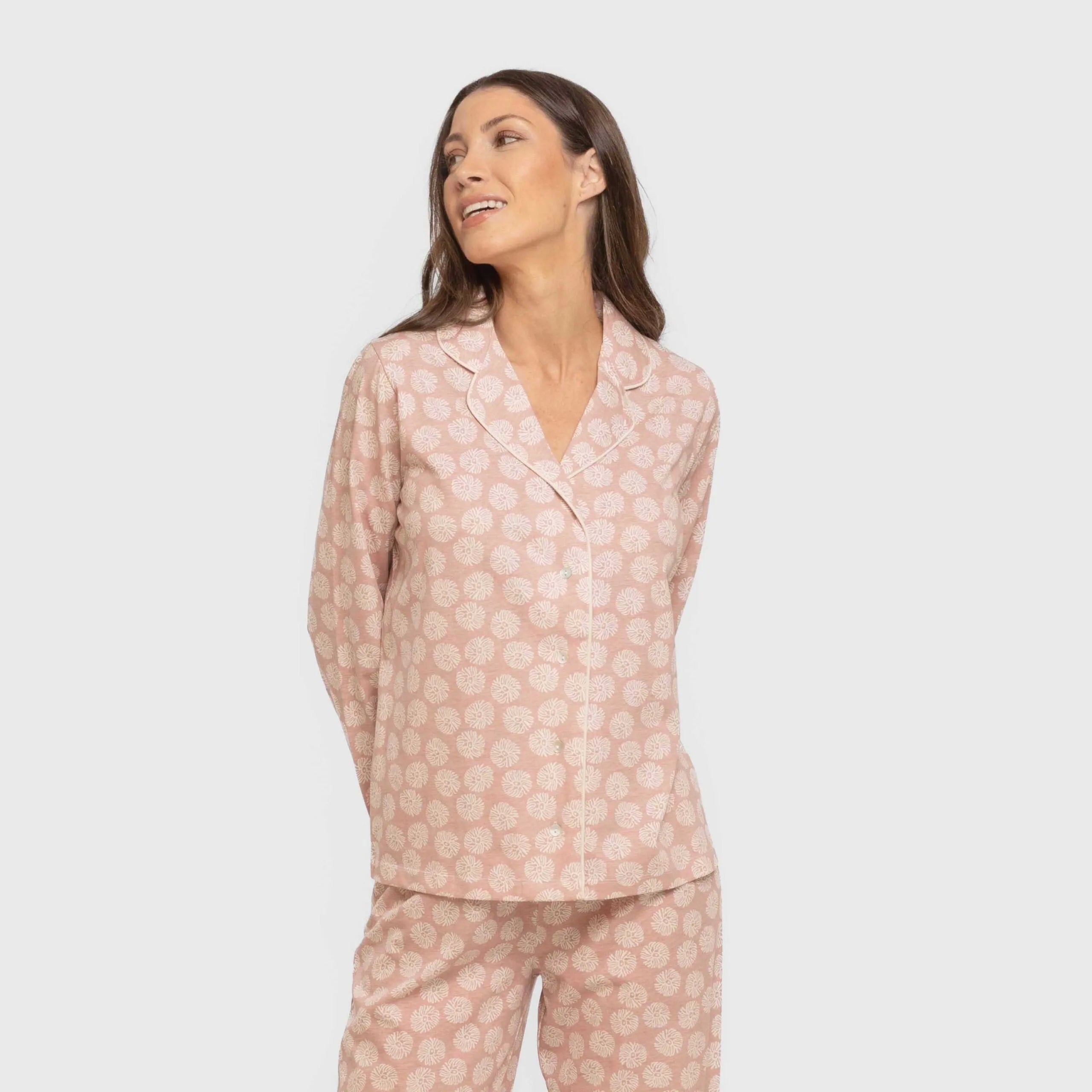 Pijama feminino longo estilo camisa de algodão, rosa Medusa