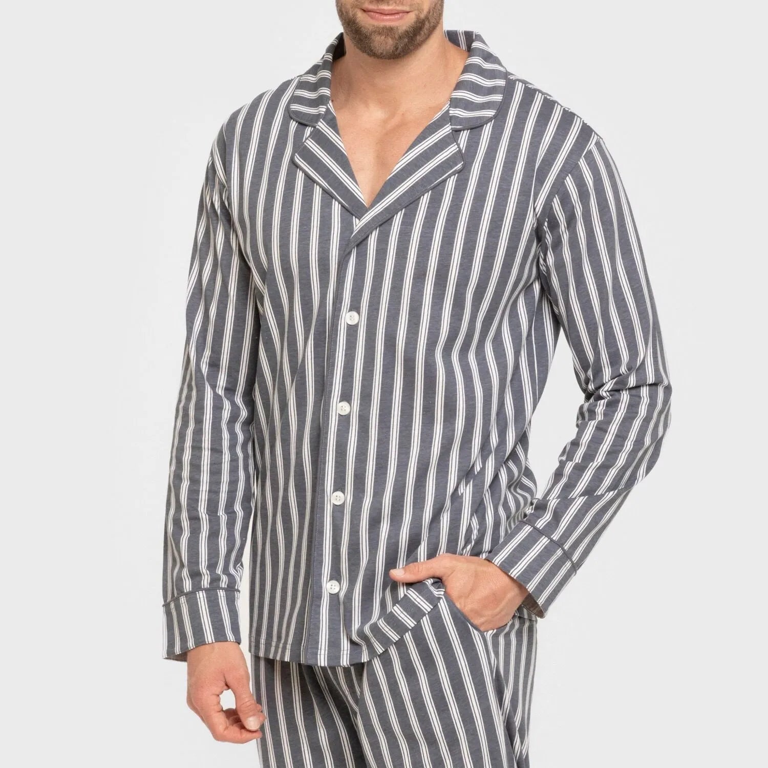 Pijama masculino longo estilo camisa de algodão, listrado Marseille, índigo