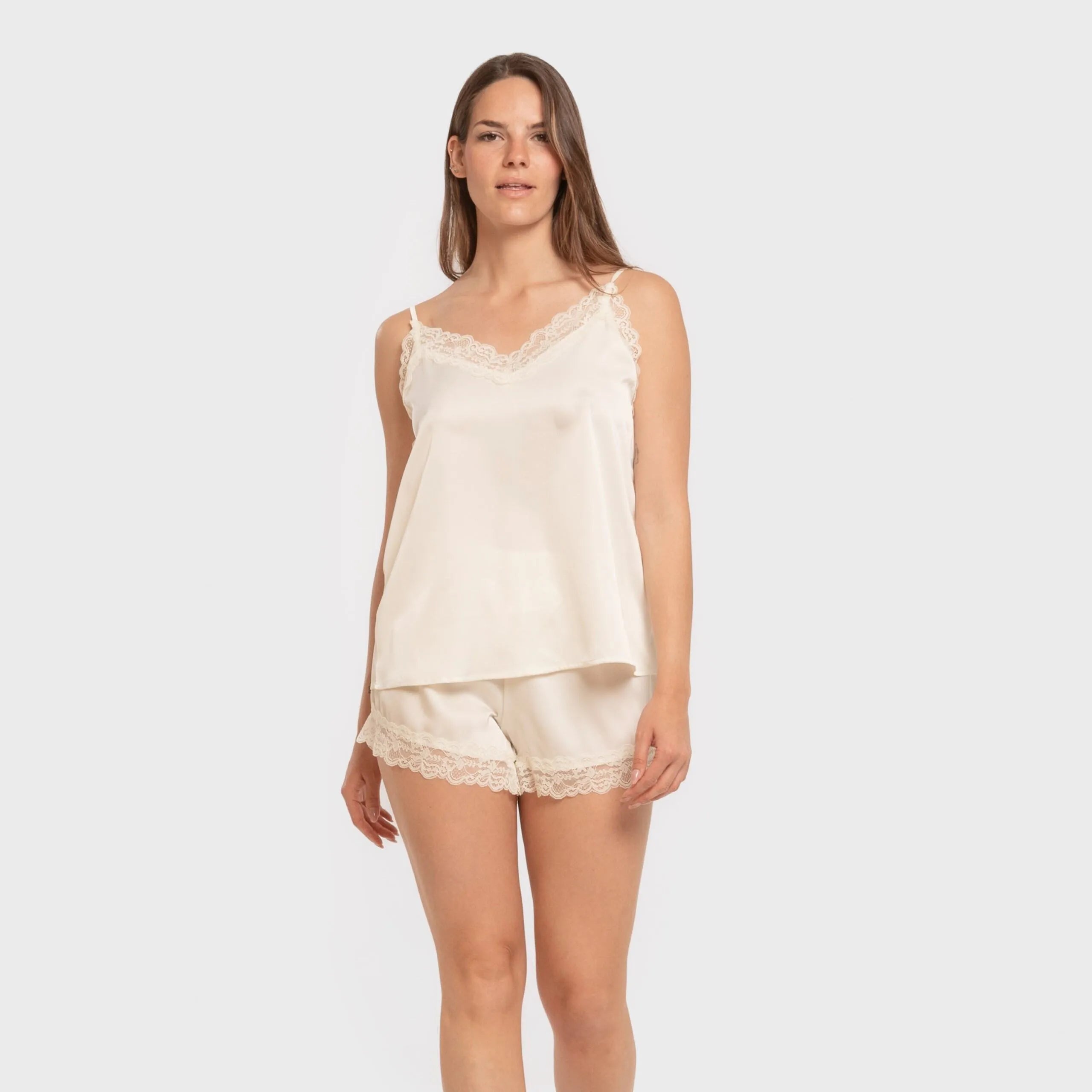 Pijama feminino de cetim com suspensórios, liso, sexta-feira