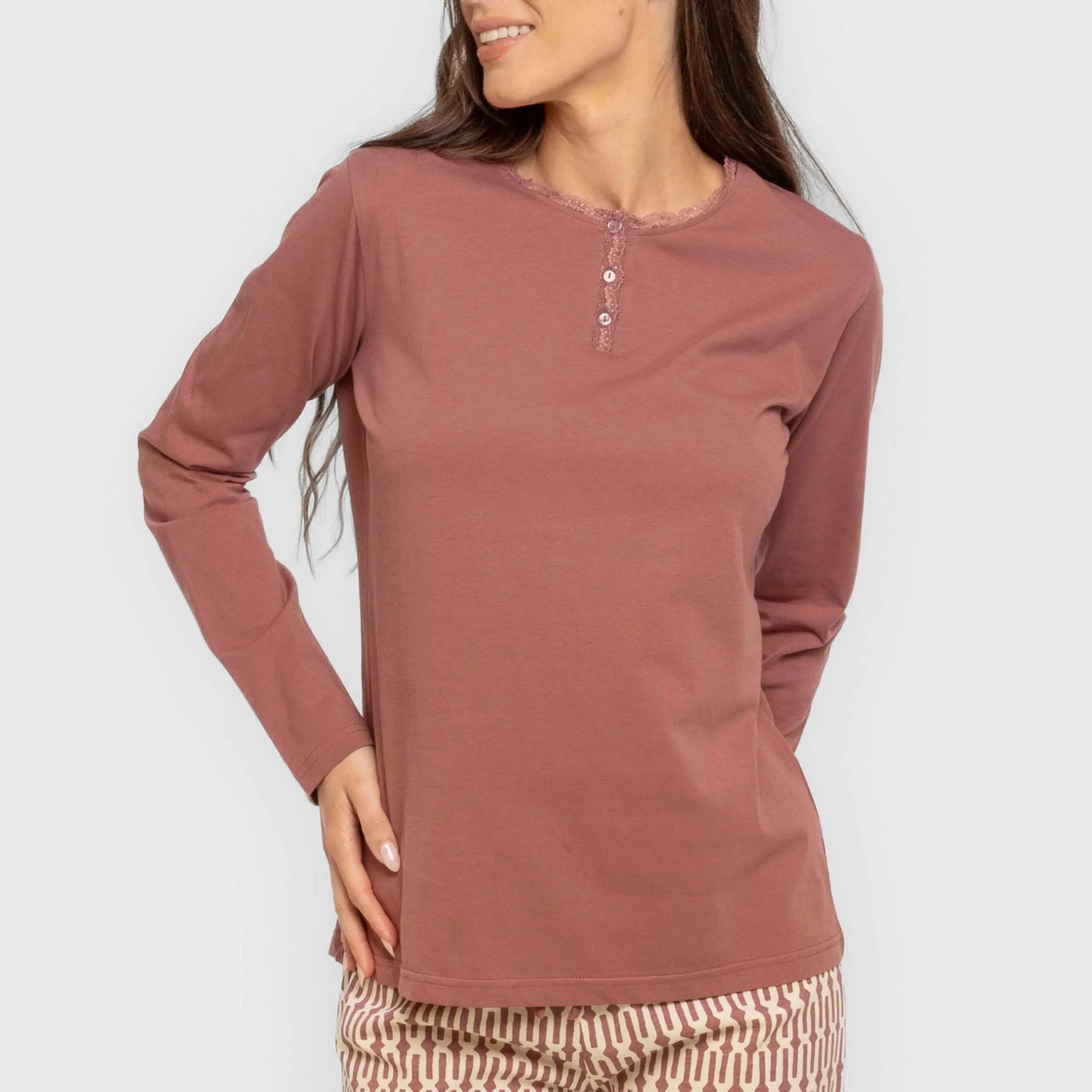 Pijama comprido de algodão, eucalipto, malva, rosa