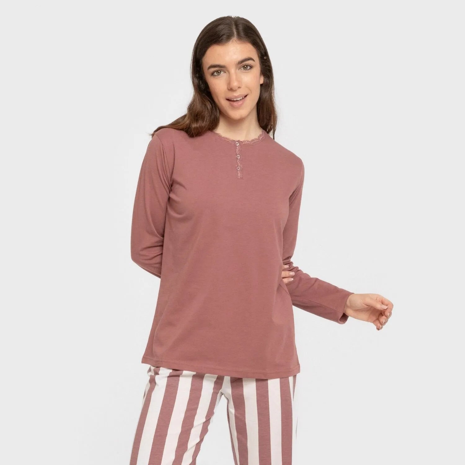 Pijama comprido de algodão, com listras estilo Elvis, rosa malva